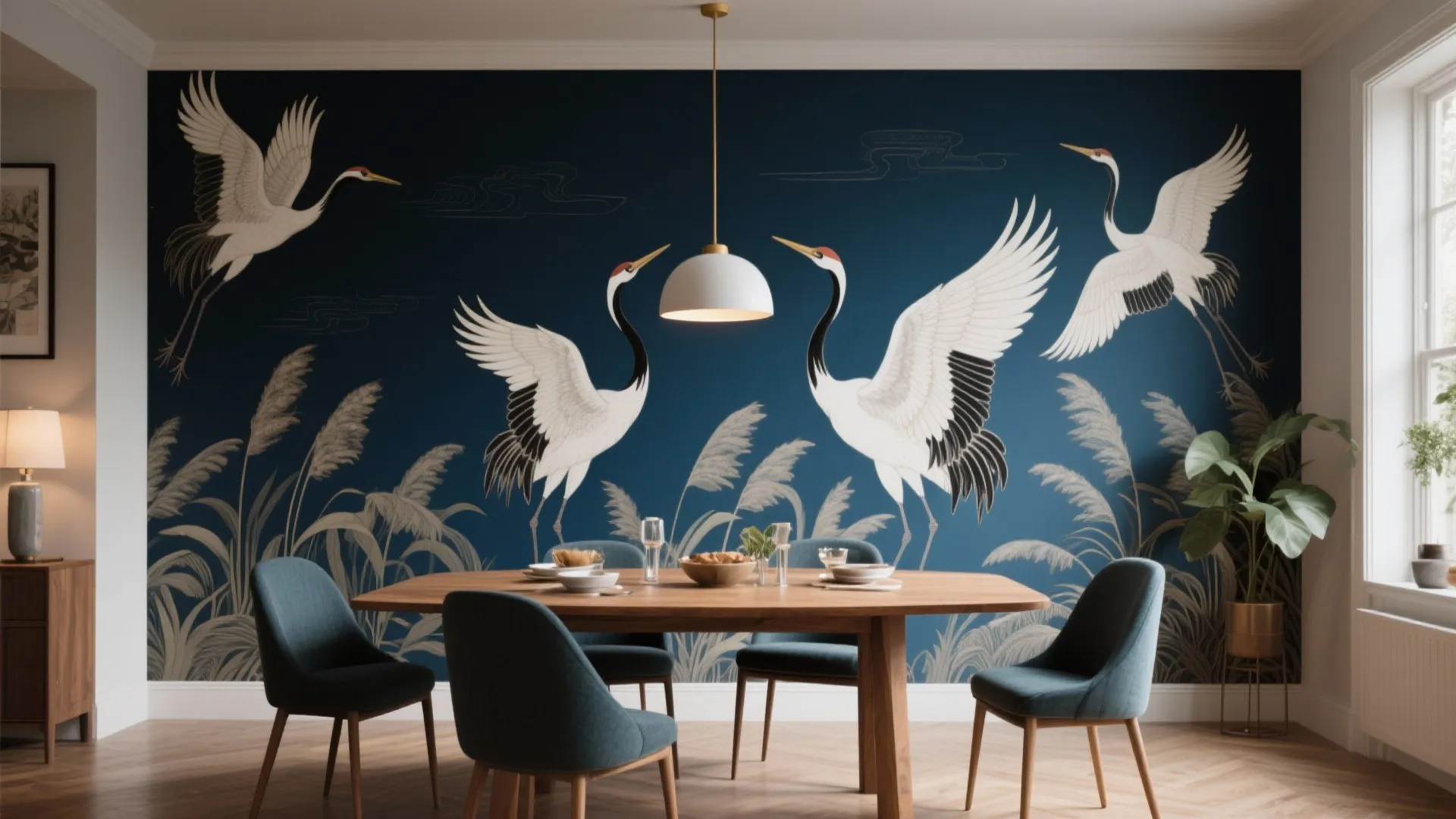 Bold navy crane mural wallpaper in dining room