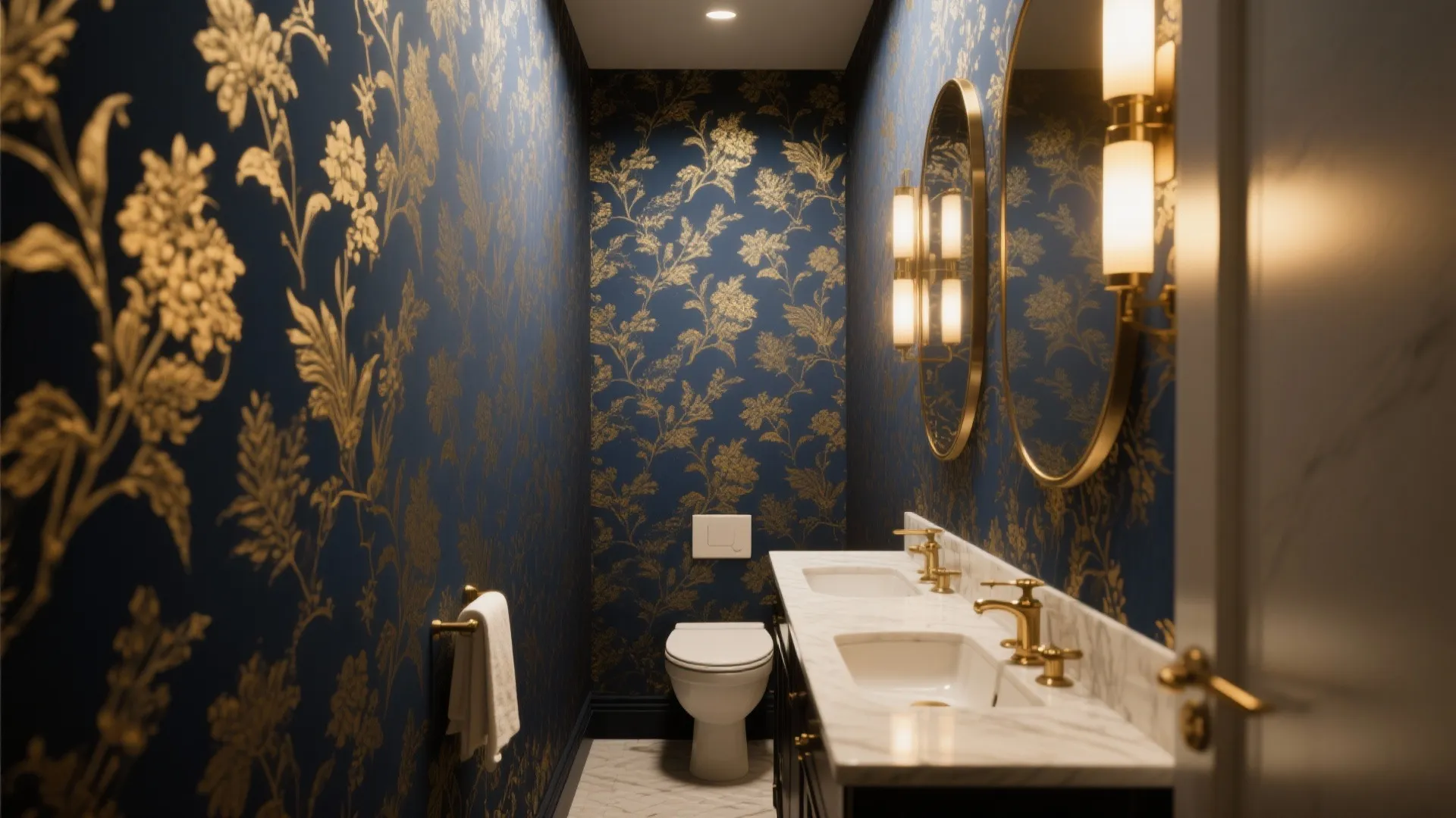 Small bathroom with dark blue floral wallpaper marble counter gold taps white toilet and round mirrors