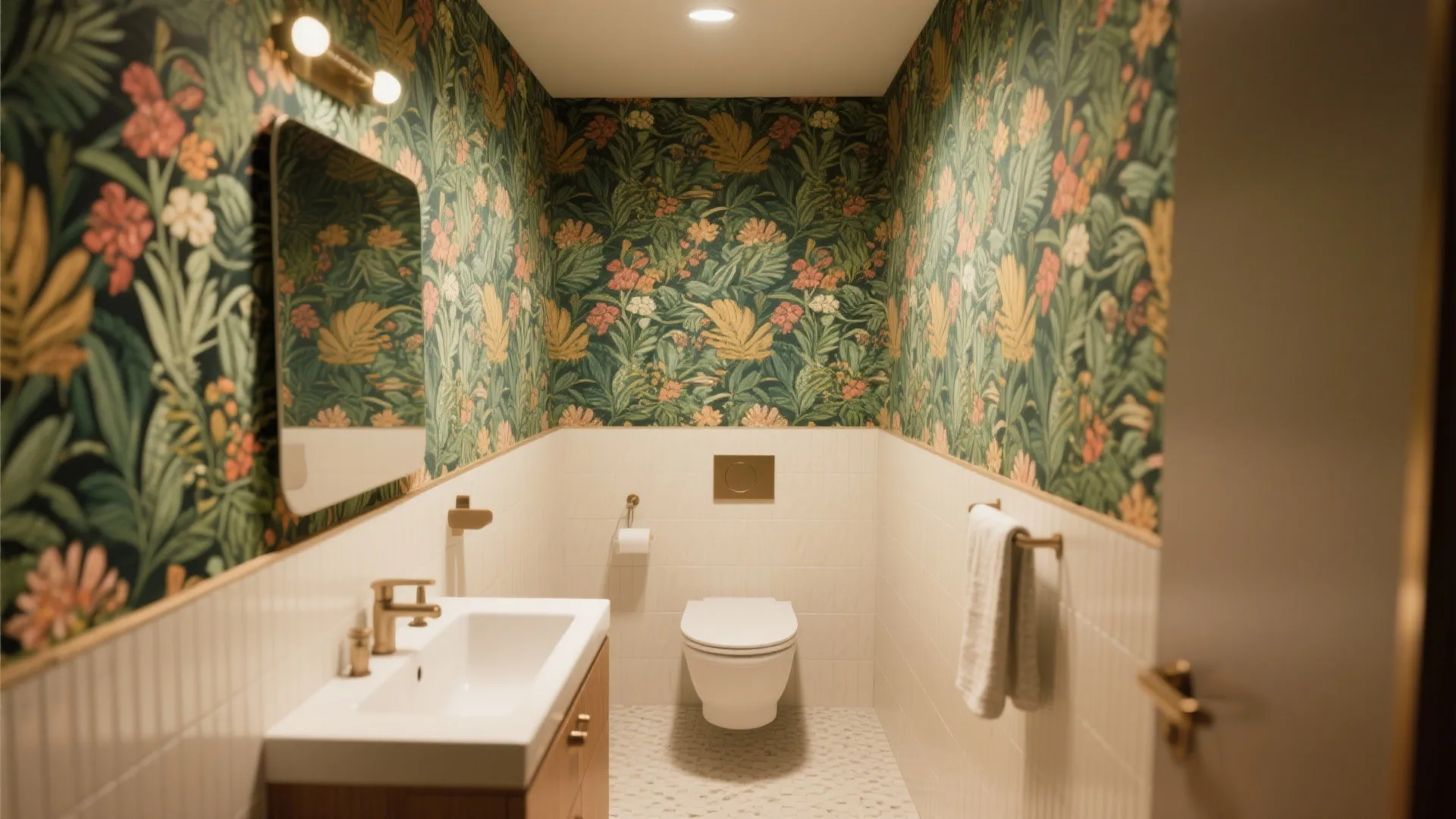 Small bathroom with tropical leaf wallpaper white wall tiles a modern toilet and wooden cabinet