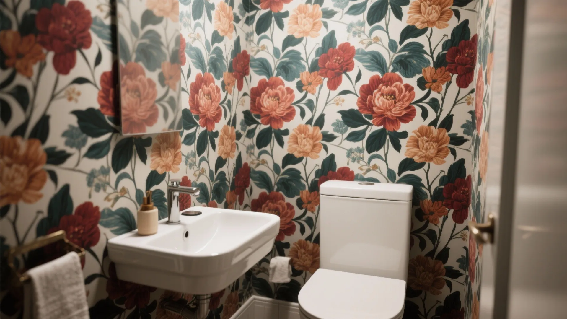 Small bathroom with floral pattern wallpaper featuring orange and red flowers beside a white sink