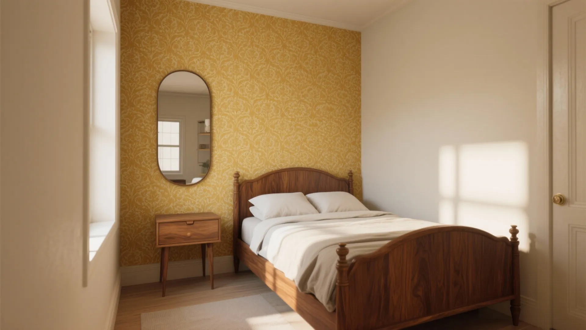 Accent mustard wallpaper with walnut furniture and a large mirror in a small bedroom.