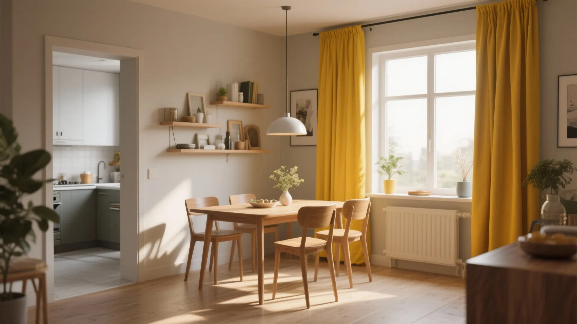Small modern dining with bold mustard curtains