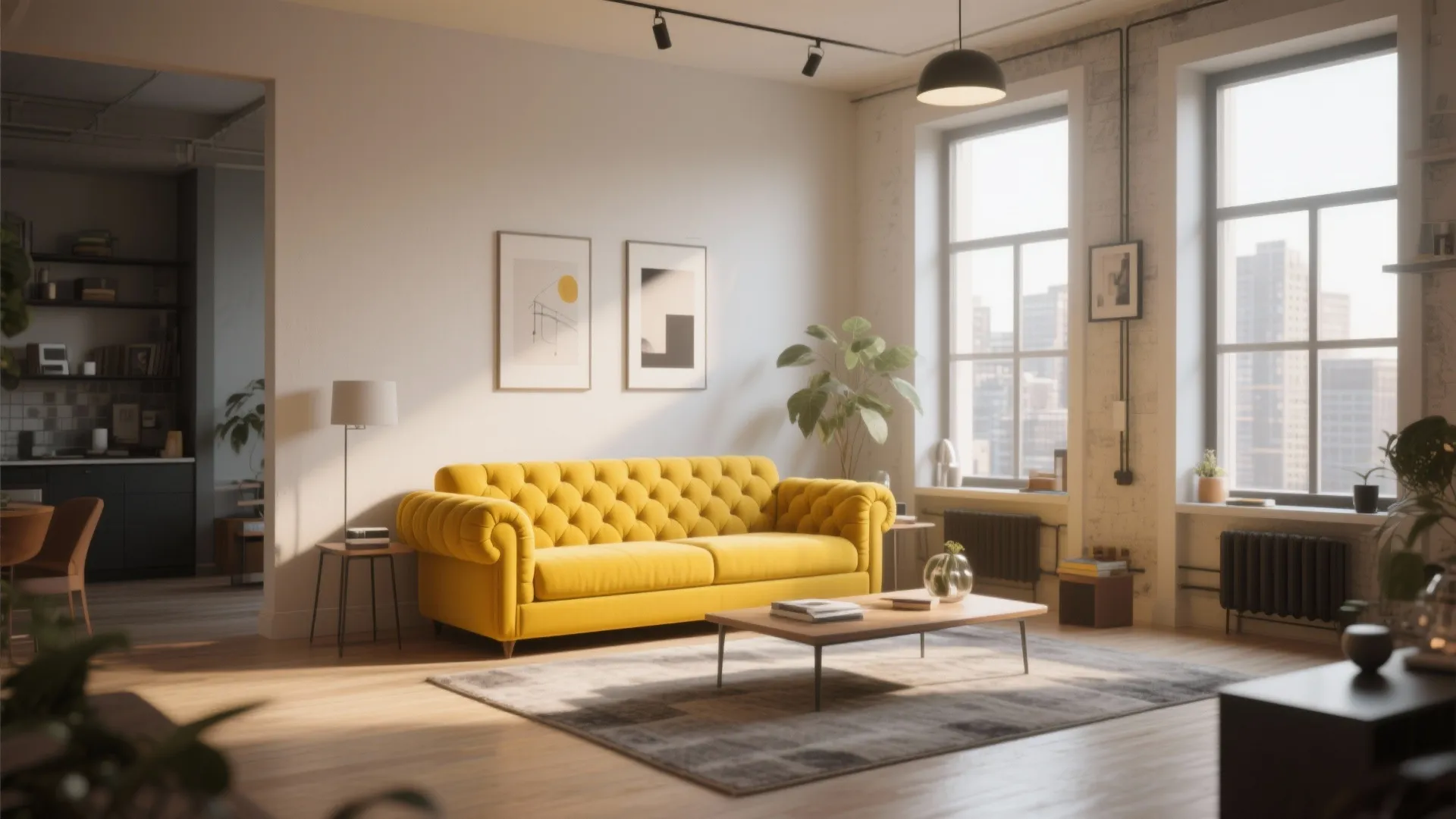 Mustard yellow tufted loveseat in a small urban living room