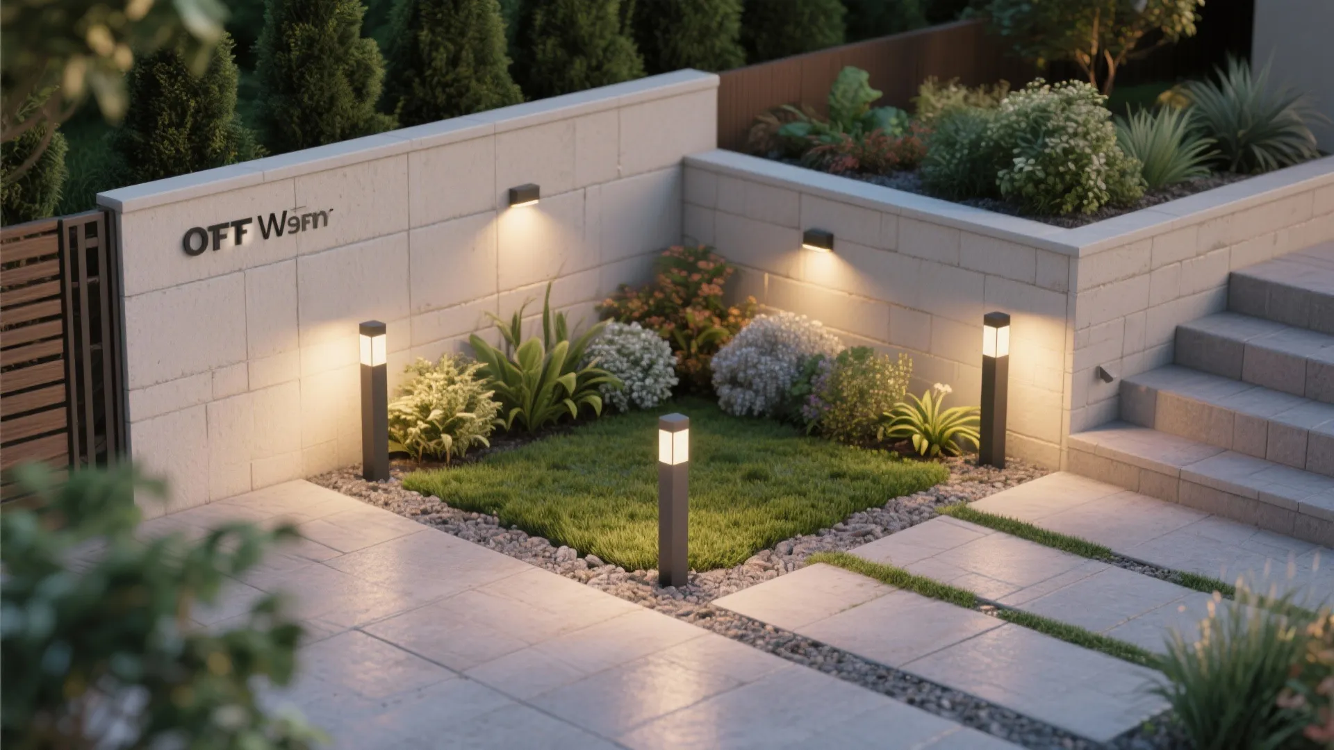Outdoor garden with small green grass area black light posts and wall light fixtures installed