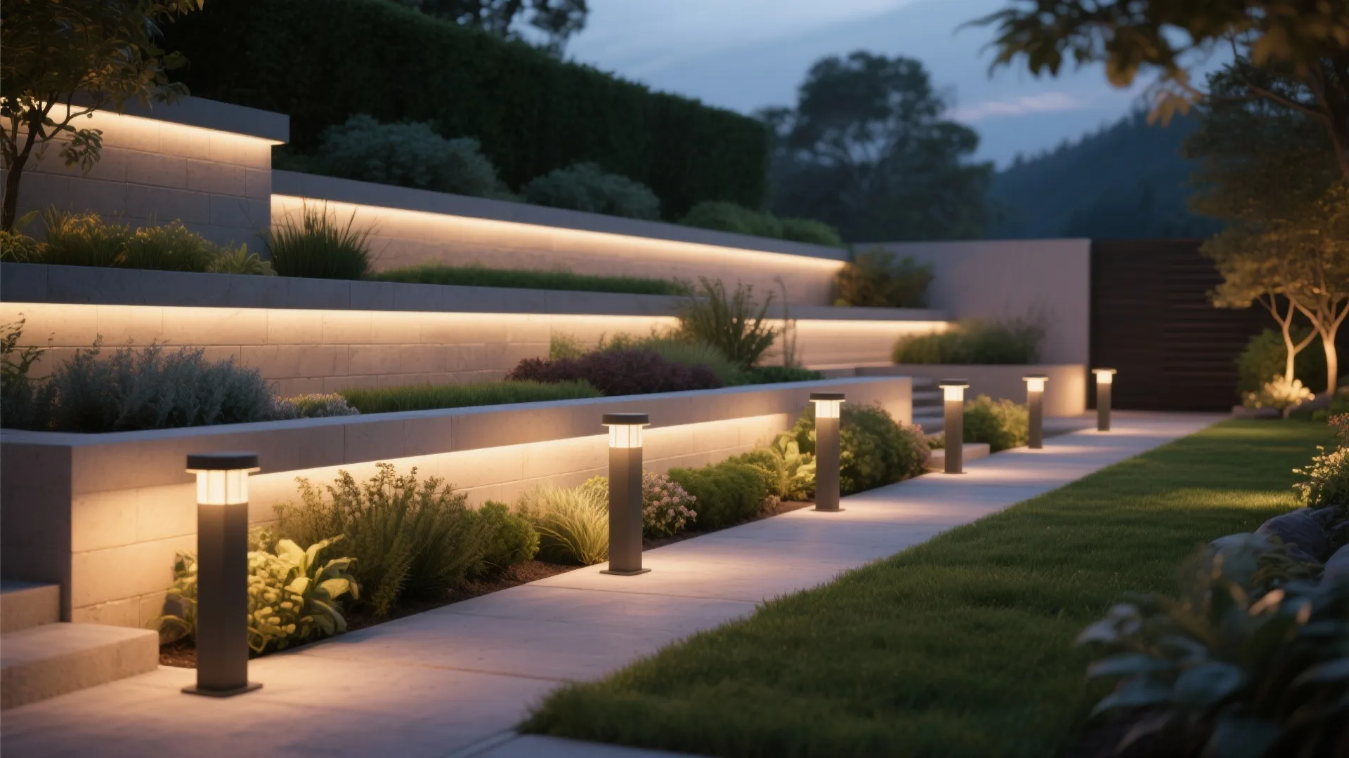 Short pathway bollards in front of a terraced retaining wall creating layered, warm garden illumination.