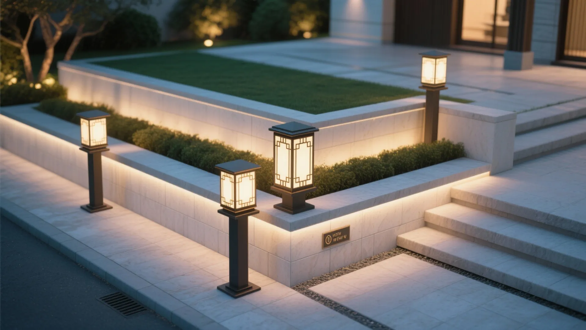 Modern garden stone steps featuring square black light fixtures along the wall and green plants