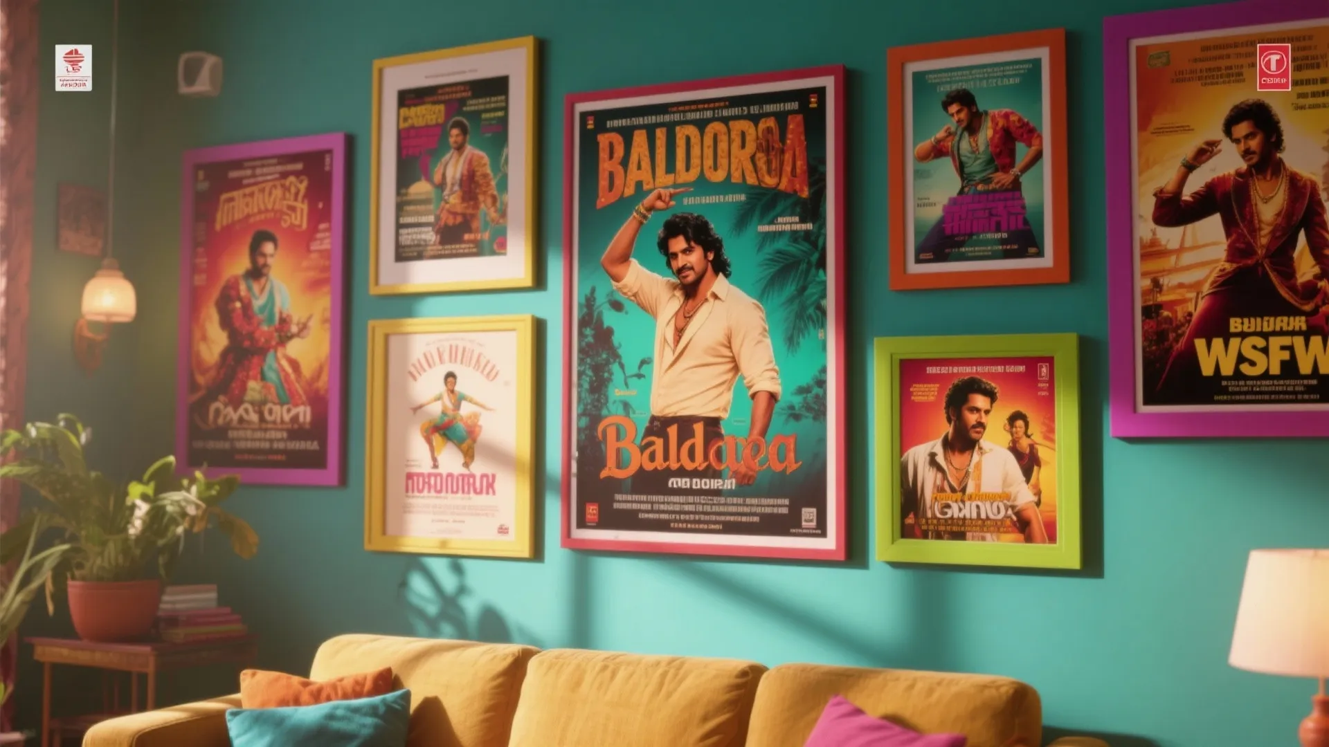 Teal accent wall decorated with multiple colorful framed posters above a yellow sofa with pillows