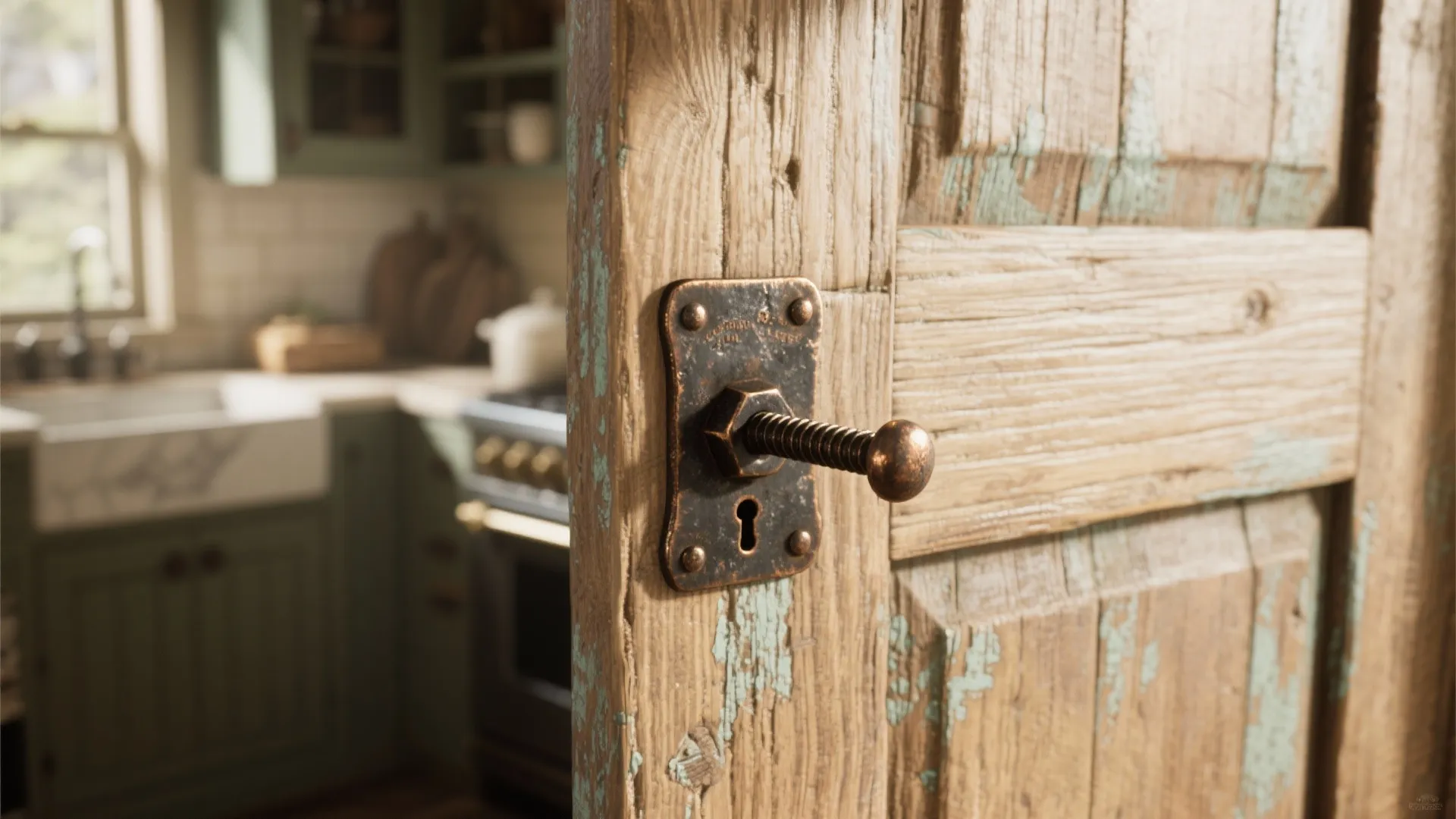 Rustic wooden door with a vintage metal bolt latch in a traditional style kitchen interior design