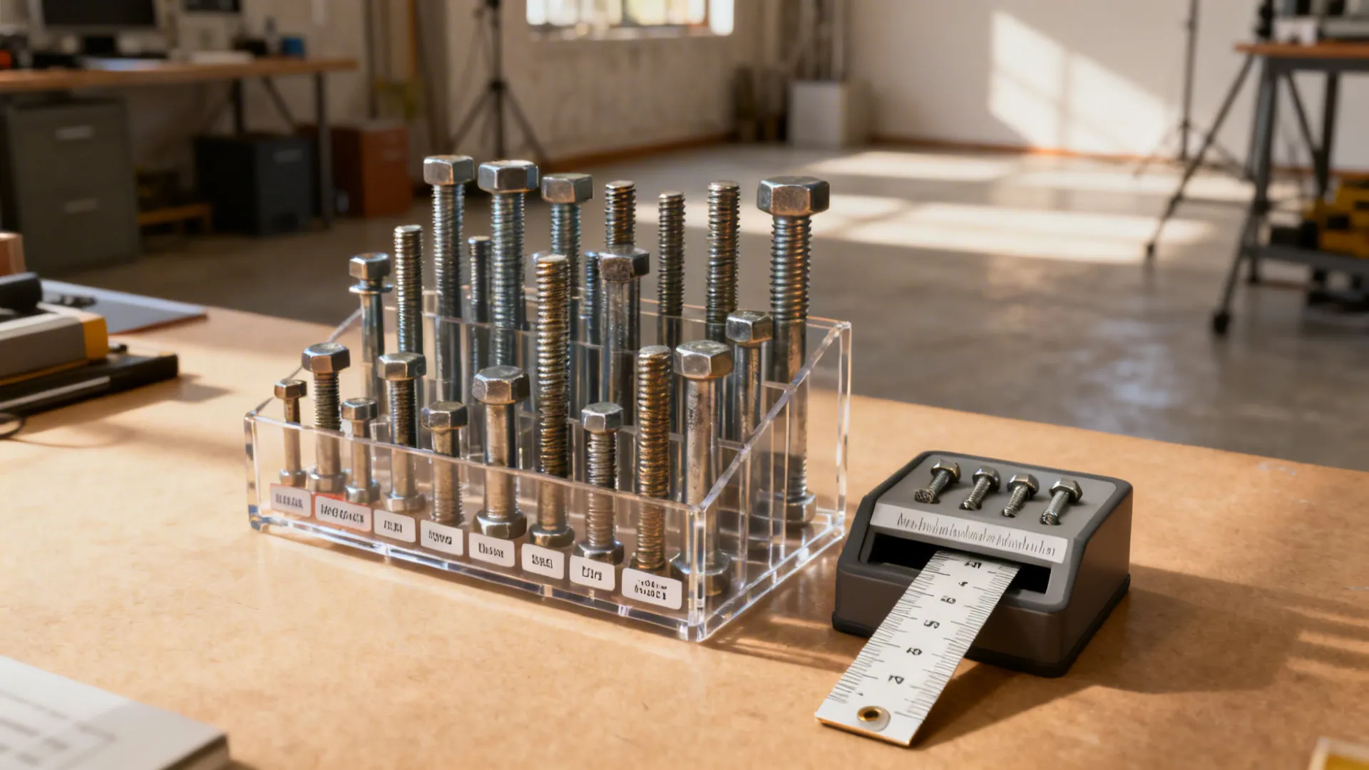 Clear bolt rack with upright fabric bolts next to a compact measuring station.