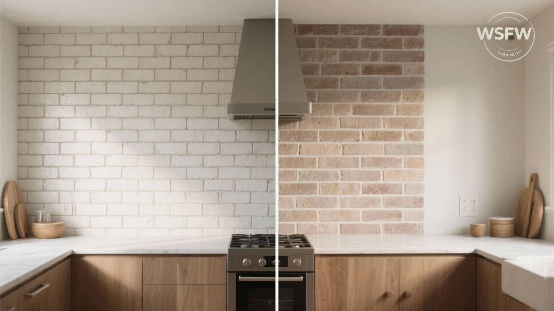 Before and after comparison of a kitchen wall showing white brick versus natural red brick surface