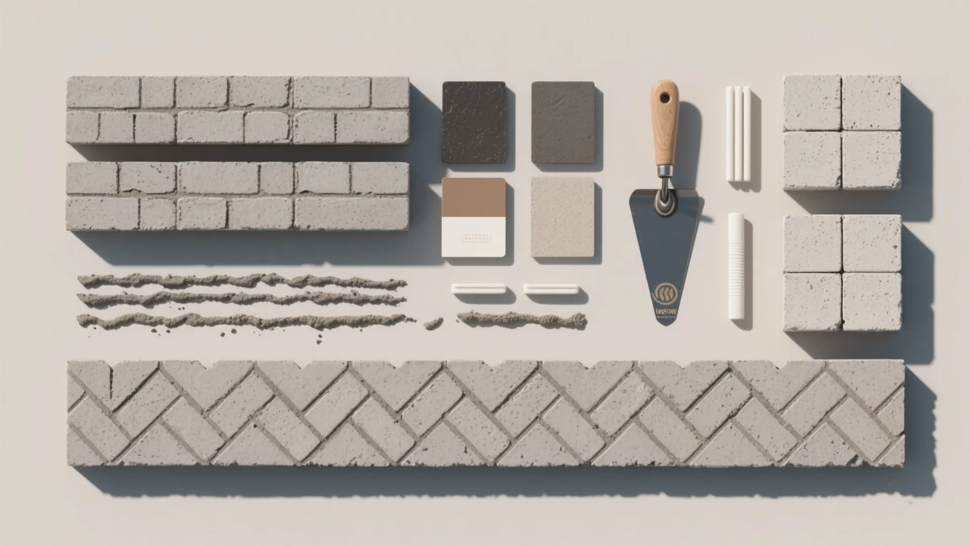 Flat lay of construction materials including grey bricks tiles a metal tool and sand samples