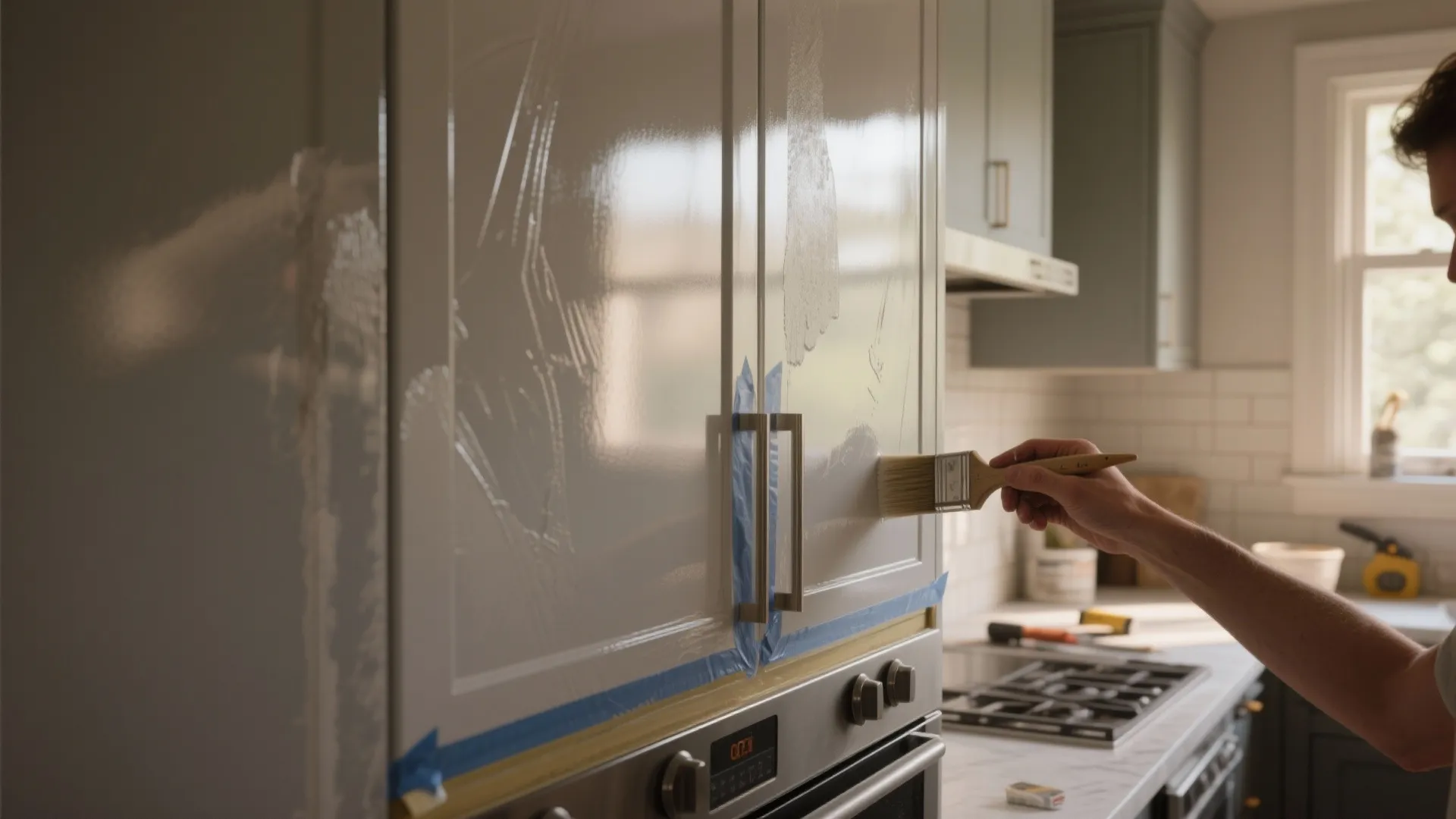 Person using a brush to apply white paint on a kitchen cabinet with blue tape