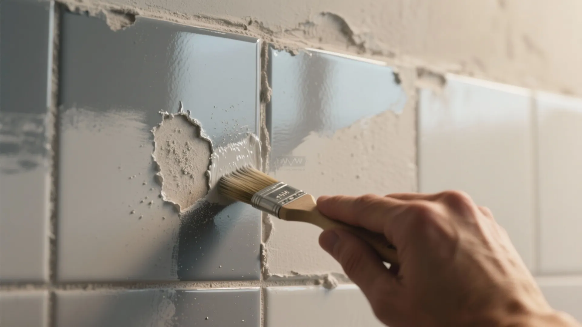 Hand using a small brush to apply white paint over damaged bathroom wall tiles for repair