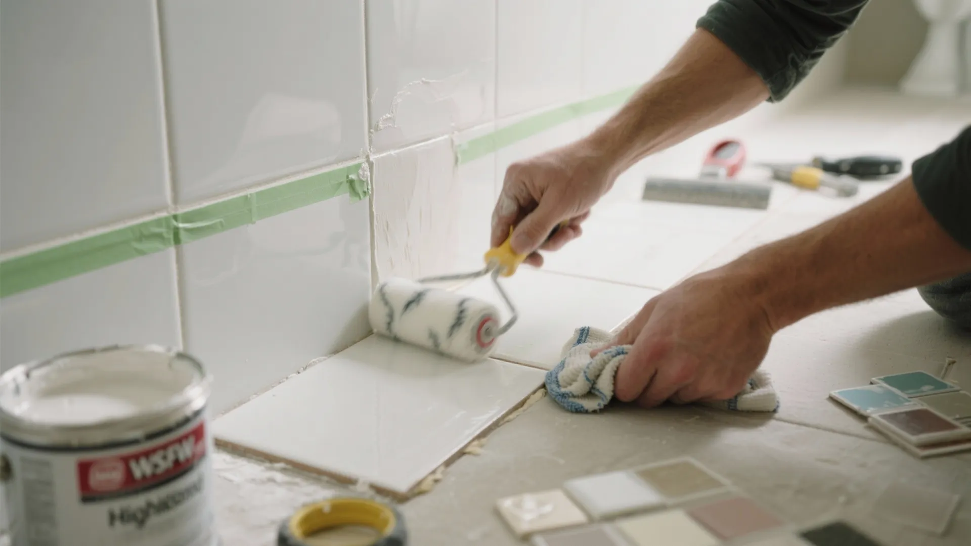 Person applying white primer paint to bathroom wall tiles using a small roller and tape