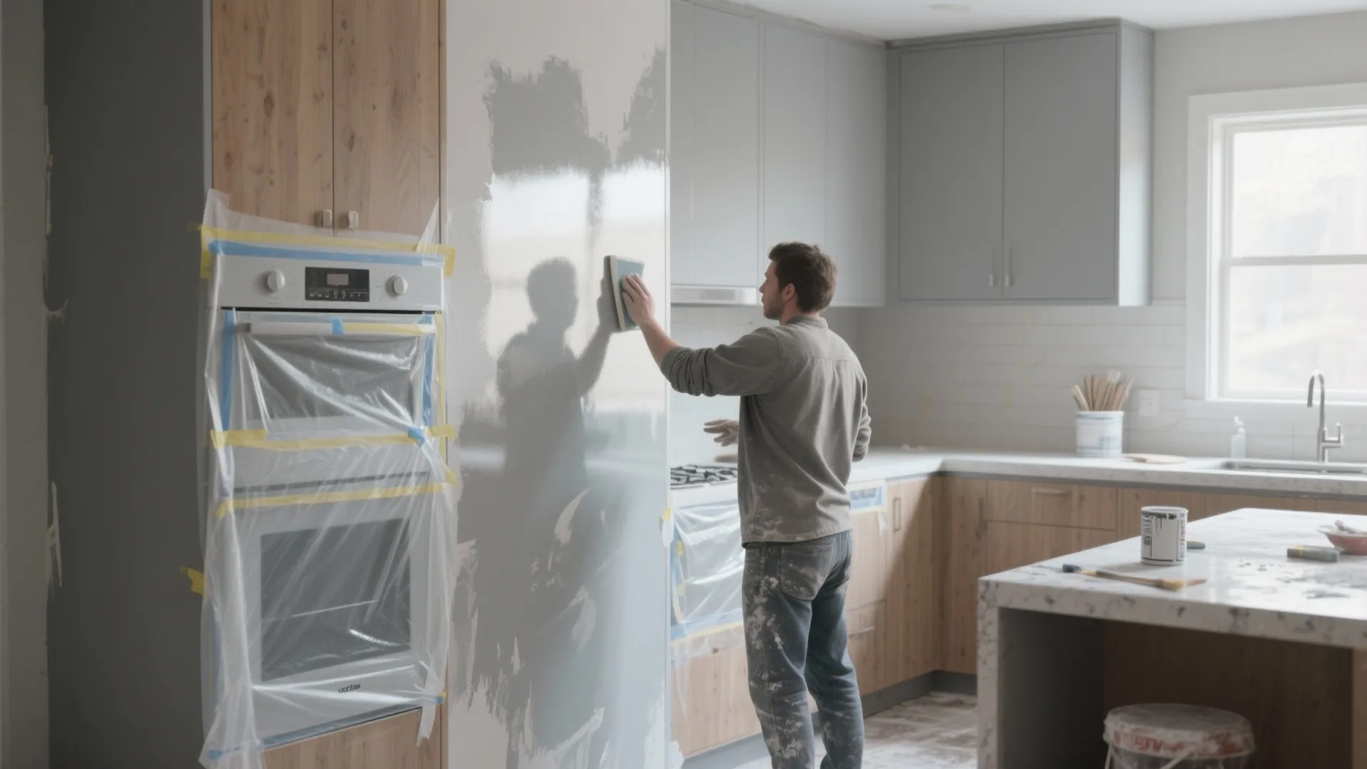 Man sanding a kitchen wall near wooden cabinets and an oven covered in protective plastic