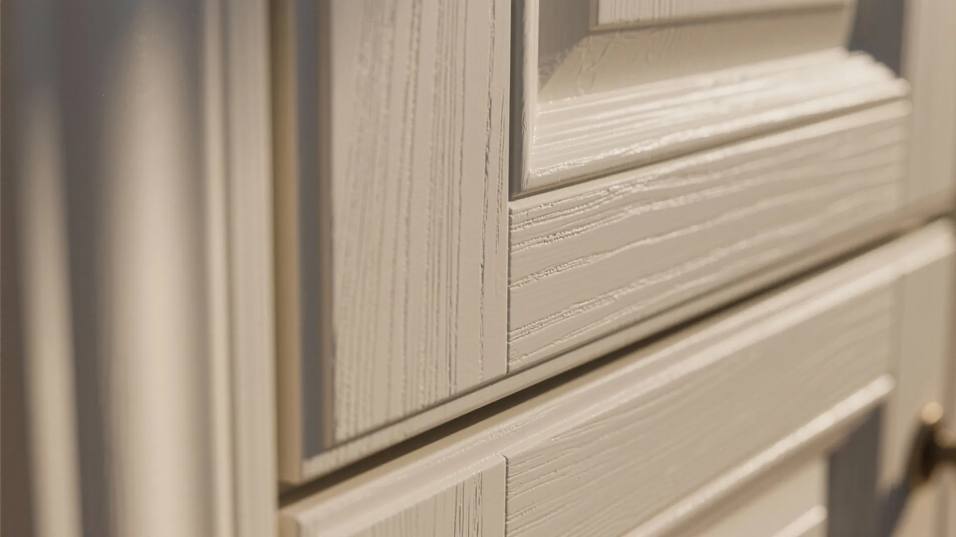 Macro of cabinet edge showing smooth acrylic enamel over bonding primer with fine sanding texture.