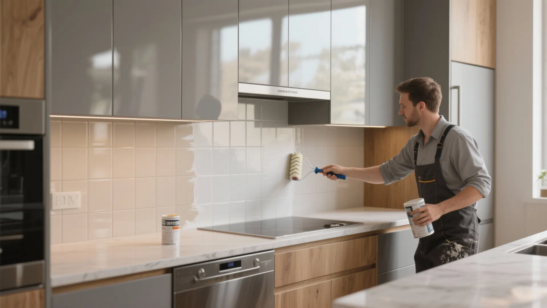 A man using a paint roller to apply white paint over kitchen wall tiles design