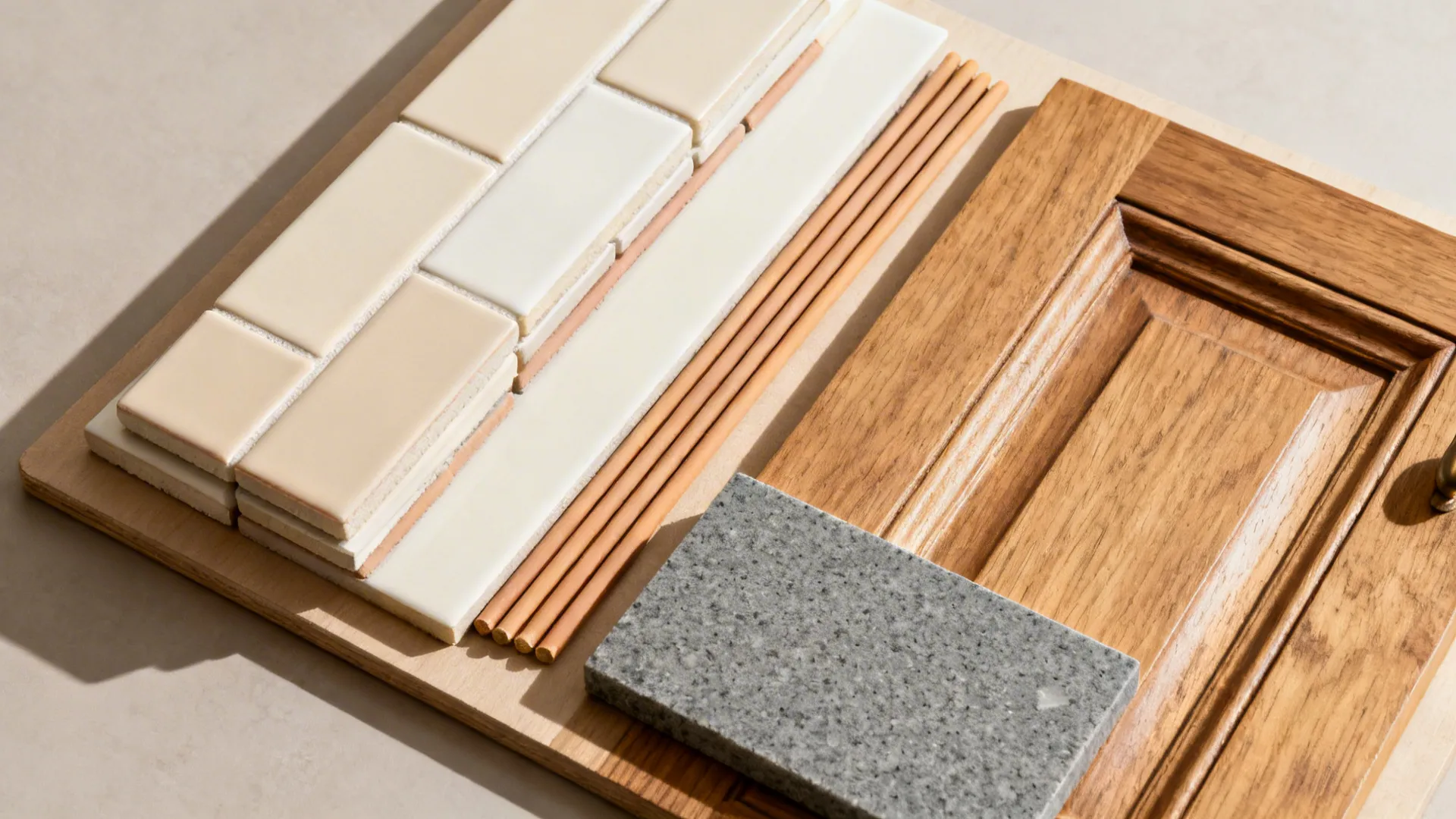 Flat lay of matte bone tiles, warm grout, oak door sample, and gray quartz.