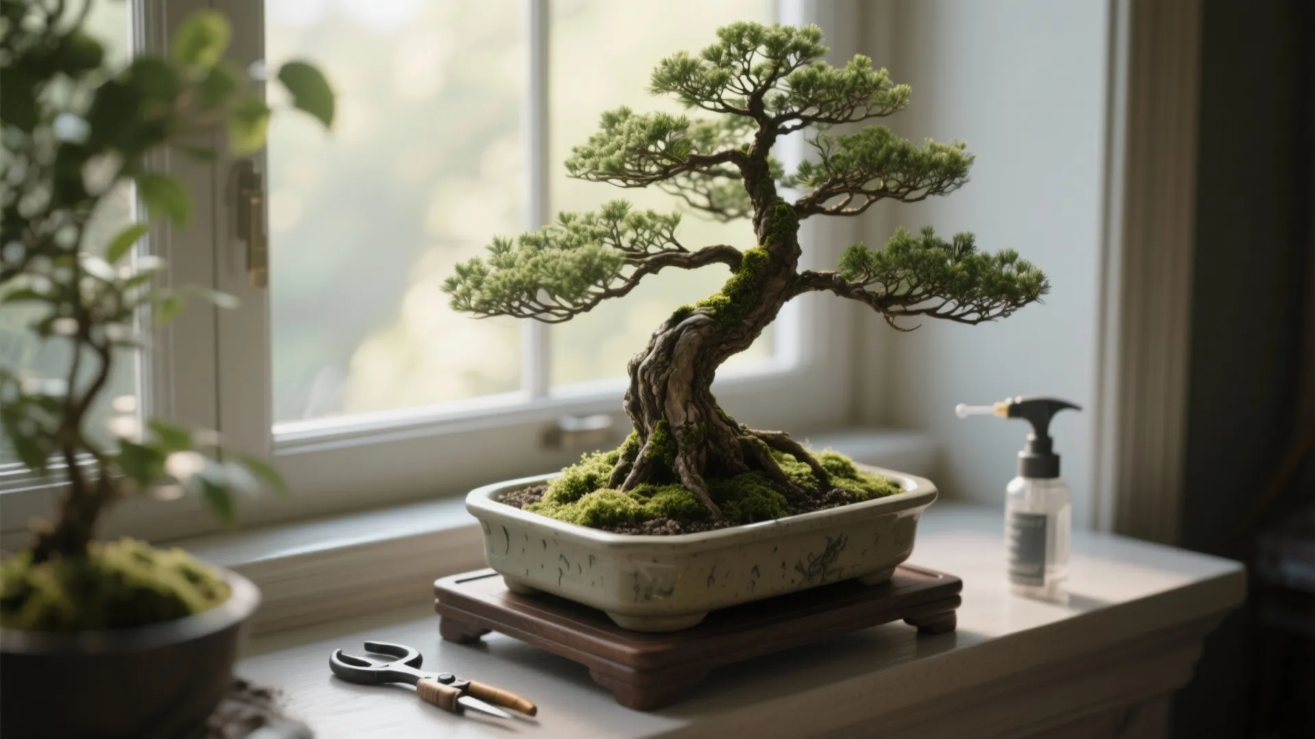 Small potted tree on a windowsill with moss and gardening tools in natural bright light