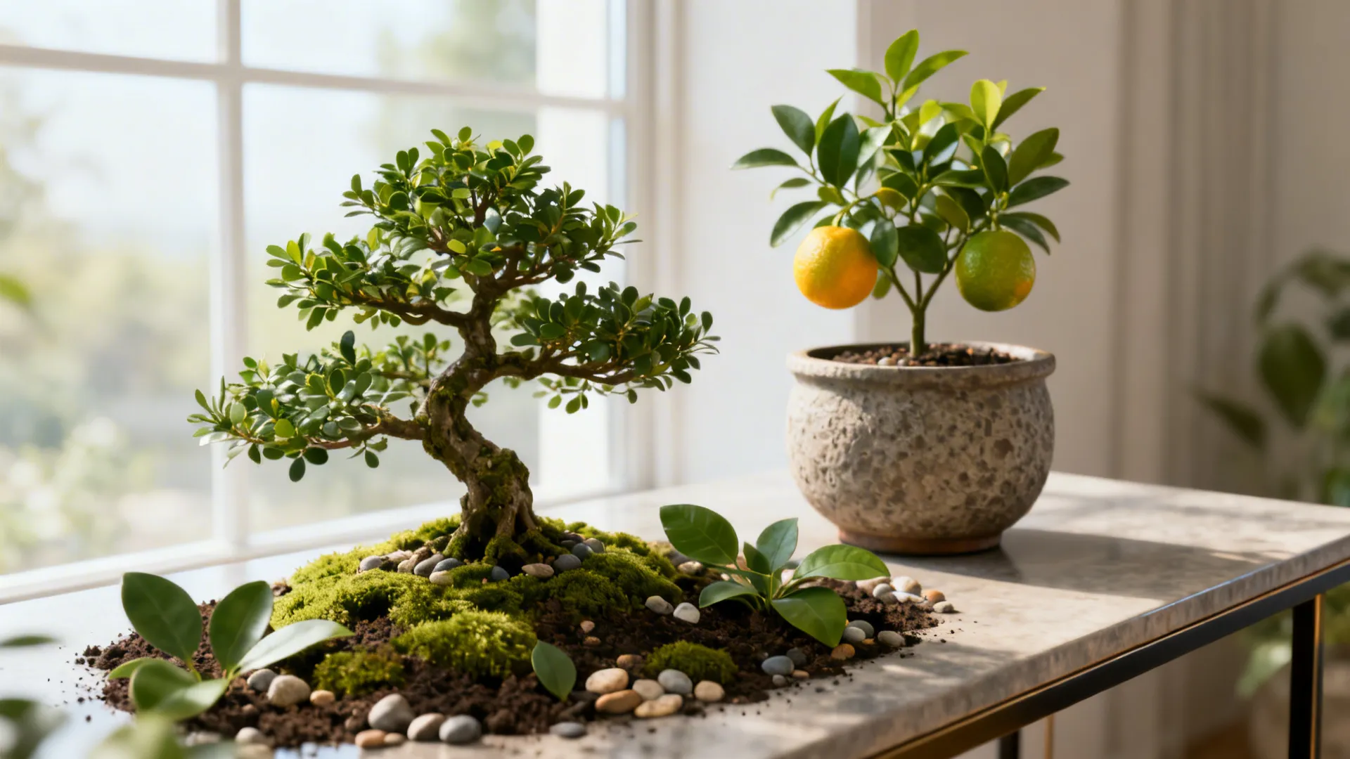 Close-up of faux bonsai and dwarf citrus in textured pots with moss and pebbles