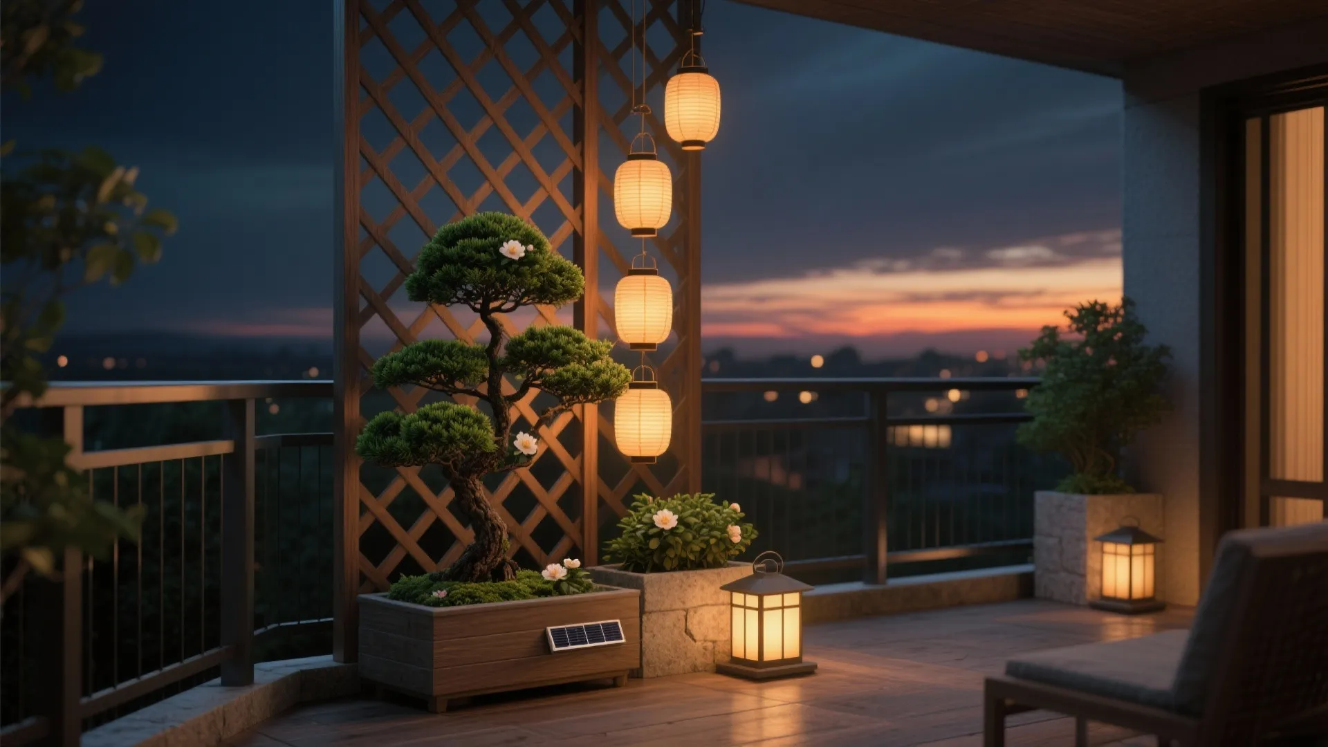 Vertical balcony lattice with bonsai and espaliered camellia, glowing lanterns creating warm ambiance.
