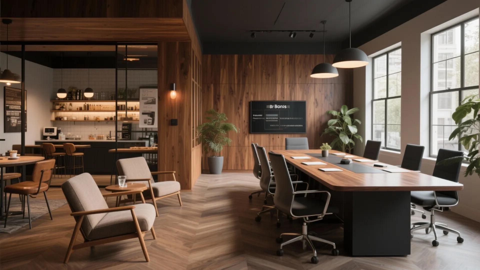 Meeting room with large wooden table black chairs wood walls TV and herringbone patterned wood floors