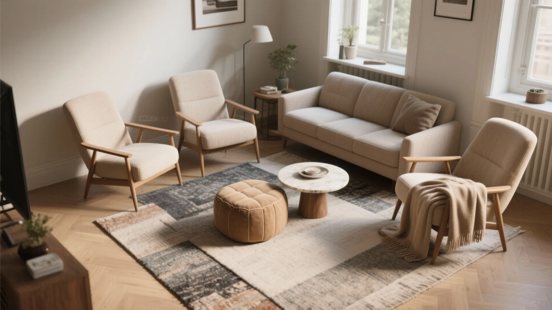 Modern living room with beige sofa three armchairs round coffee table footrest and patterned area rug