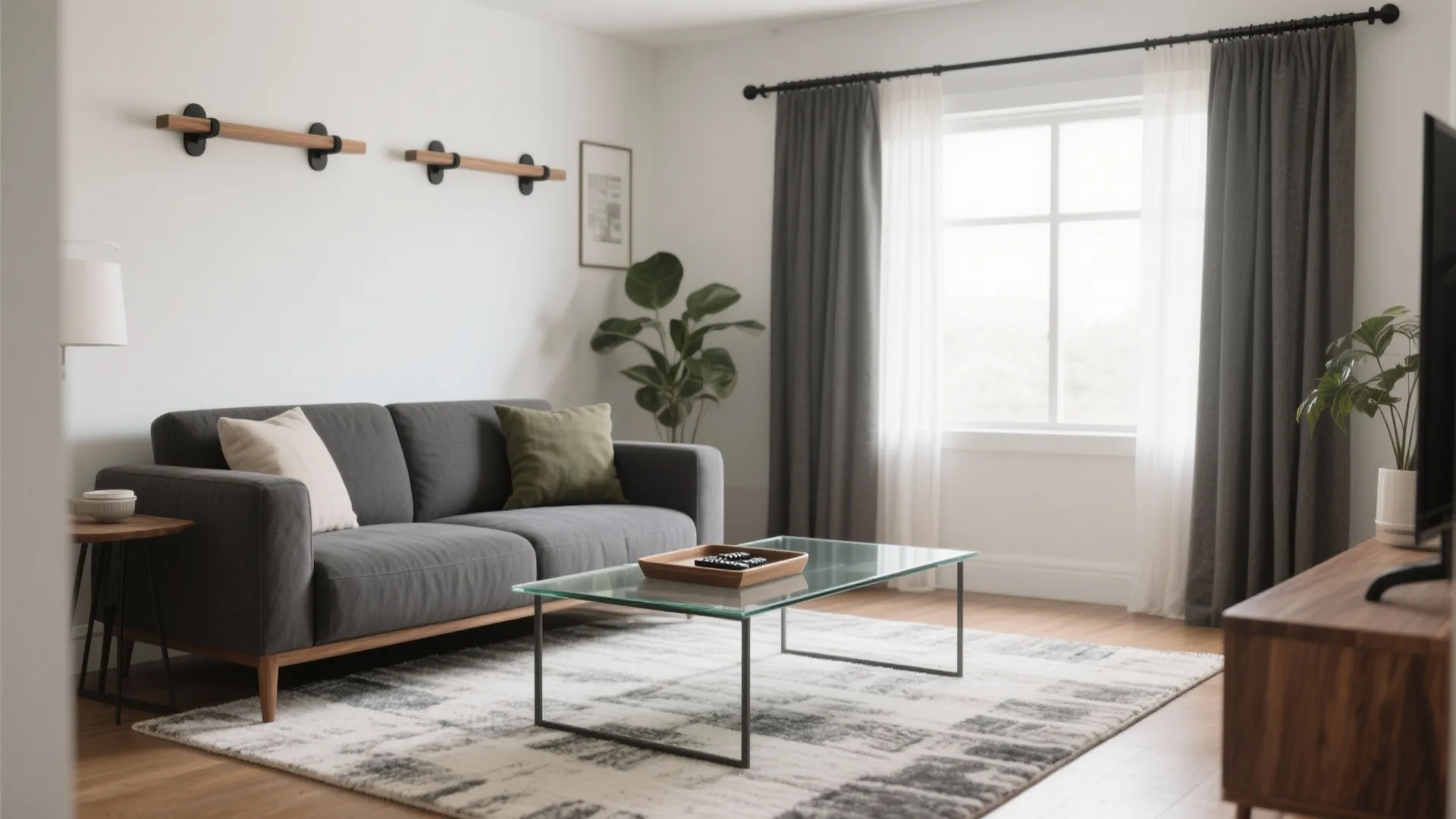 Modern living room with grey sofa glass coffee table patterned rug large window and green plants