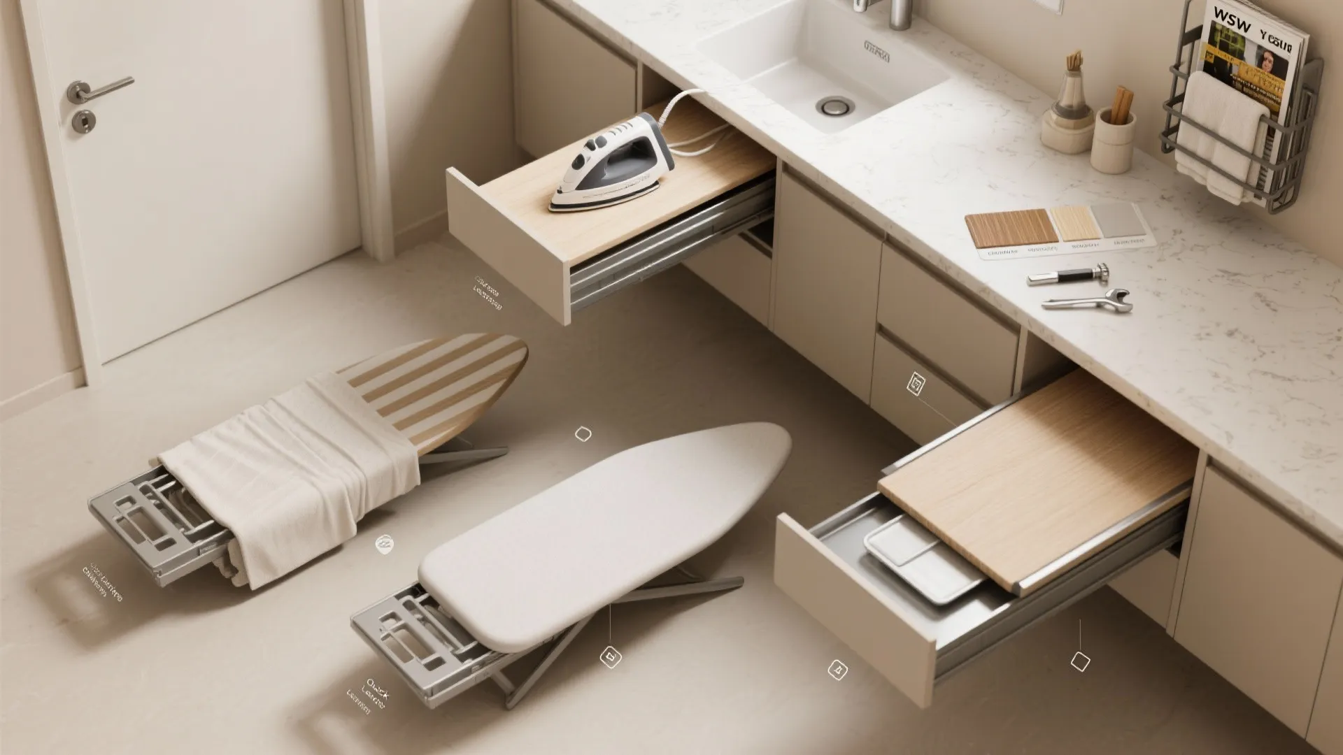 Interior design drawing showing various pull out ironing boards and organized storage within a laundry cabinet