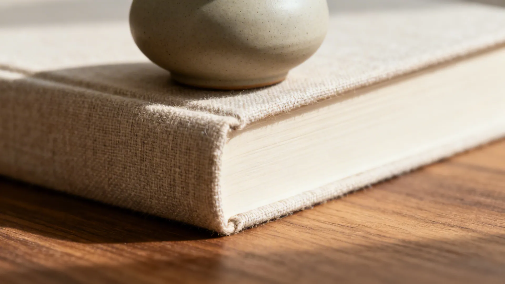 Macro of clothbound book fabric texture with a matte ceramic accent on top.