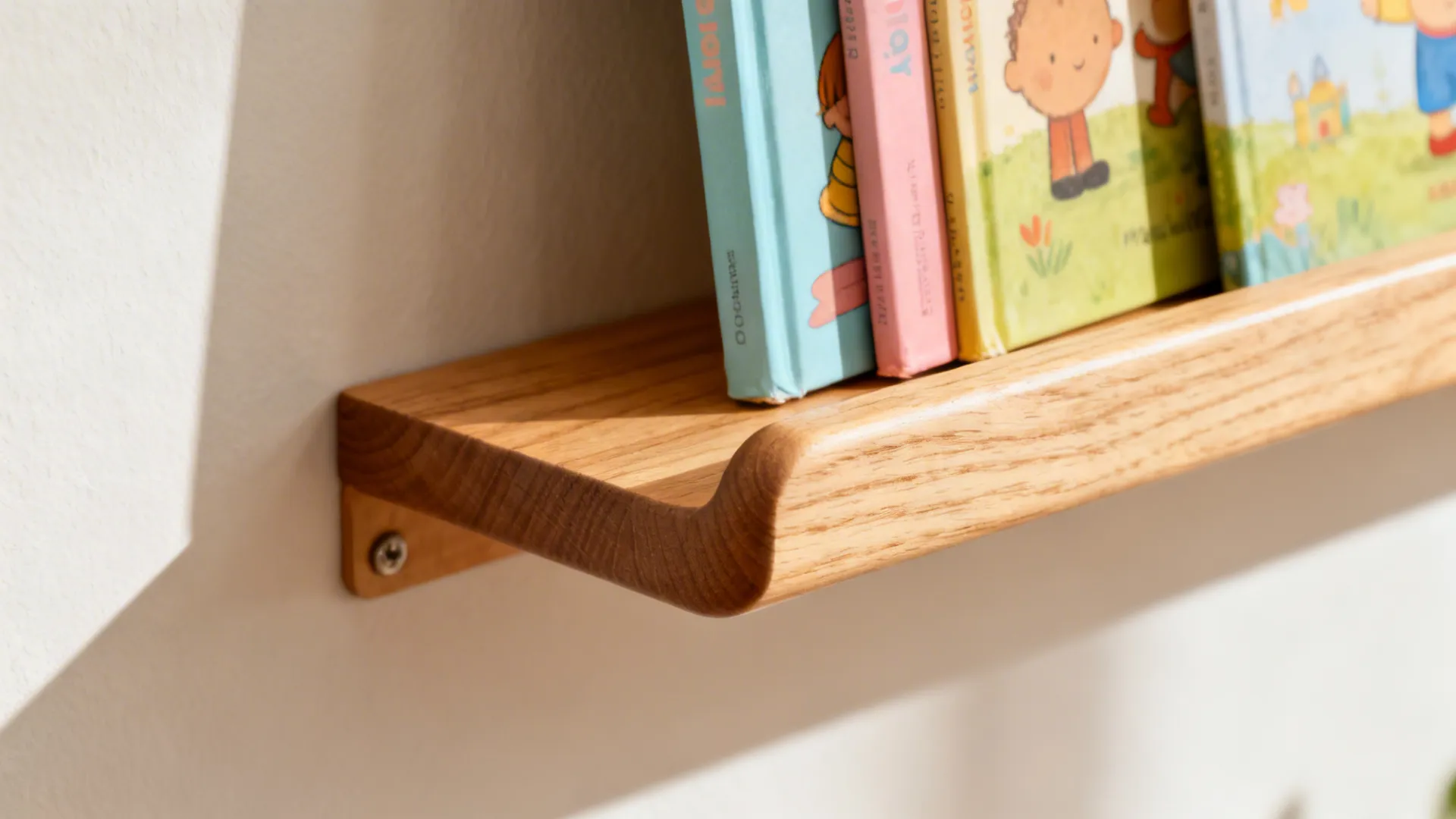 Close-up of a rounded-edge wooden book ledge holding pastel children’s books.