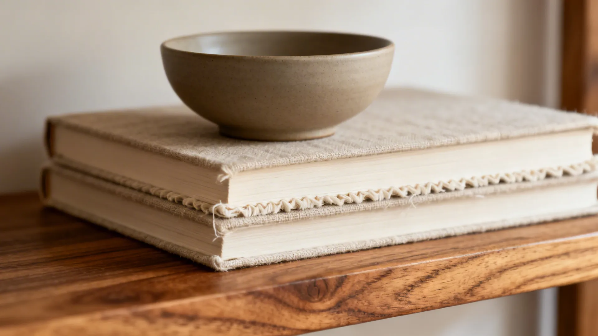 Macro of a ceramic bowl on a stack of linen-bound books on an oak shelf.