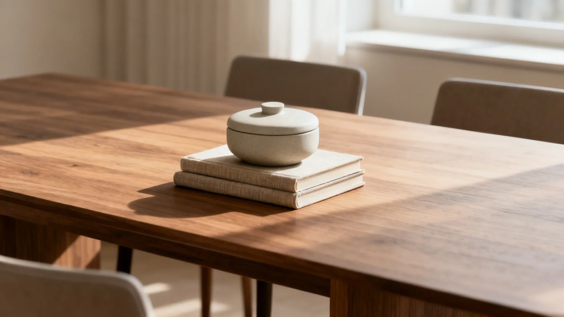 Stack of clothbound books topped with a small ceramic object as a dining centerpiece.