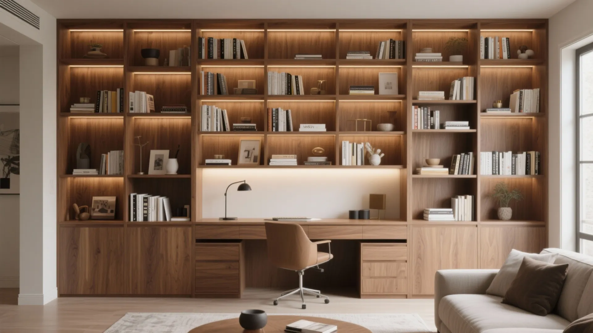 Full-height bookcase with integrated desk in stylish living room