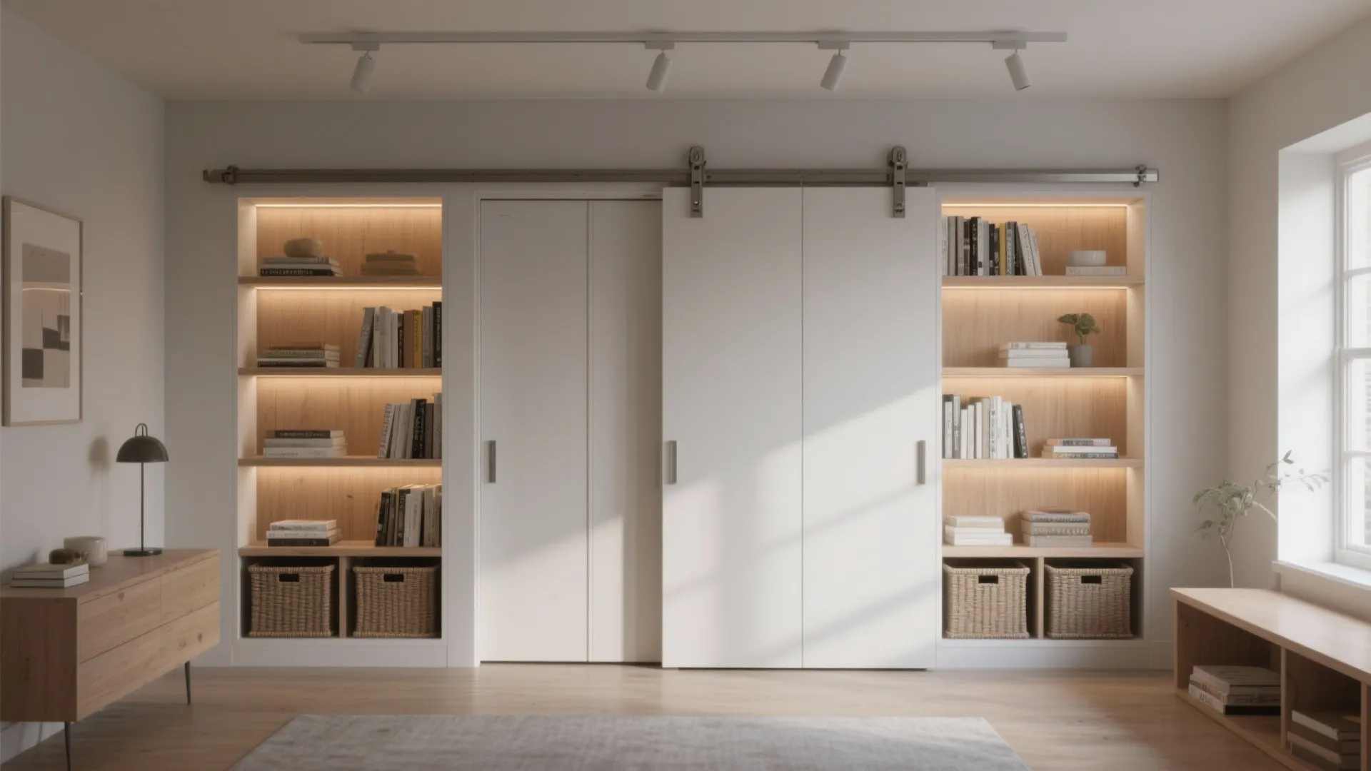 Shallow sliding bookcase divider with 30/70 concealed and display shelves and warm LED lighting in a studio
