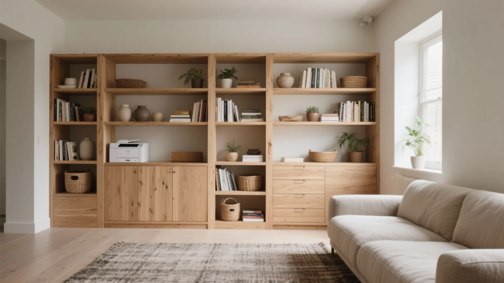 Large wooden cabinet with open shelves holding books and plants next to a white sofa
