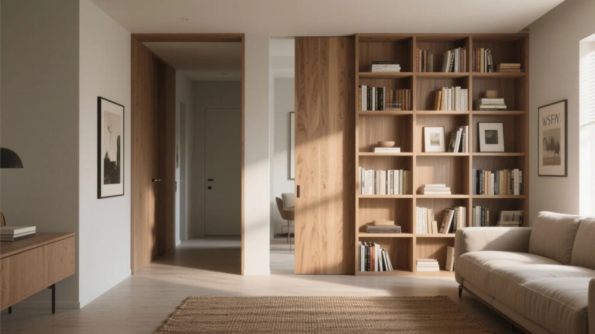 Living room featuring wooden tall cabinet bookshelf used as wall panel divider next to beige sofa