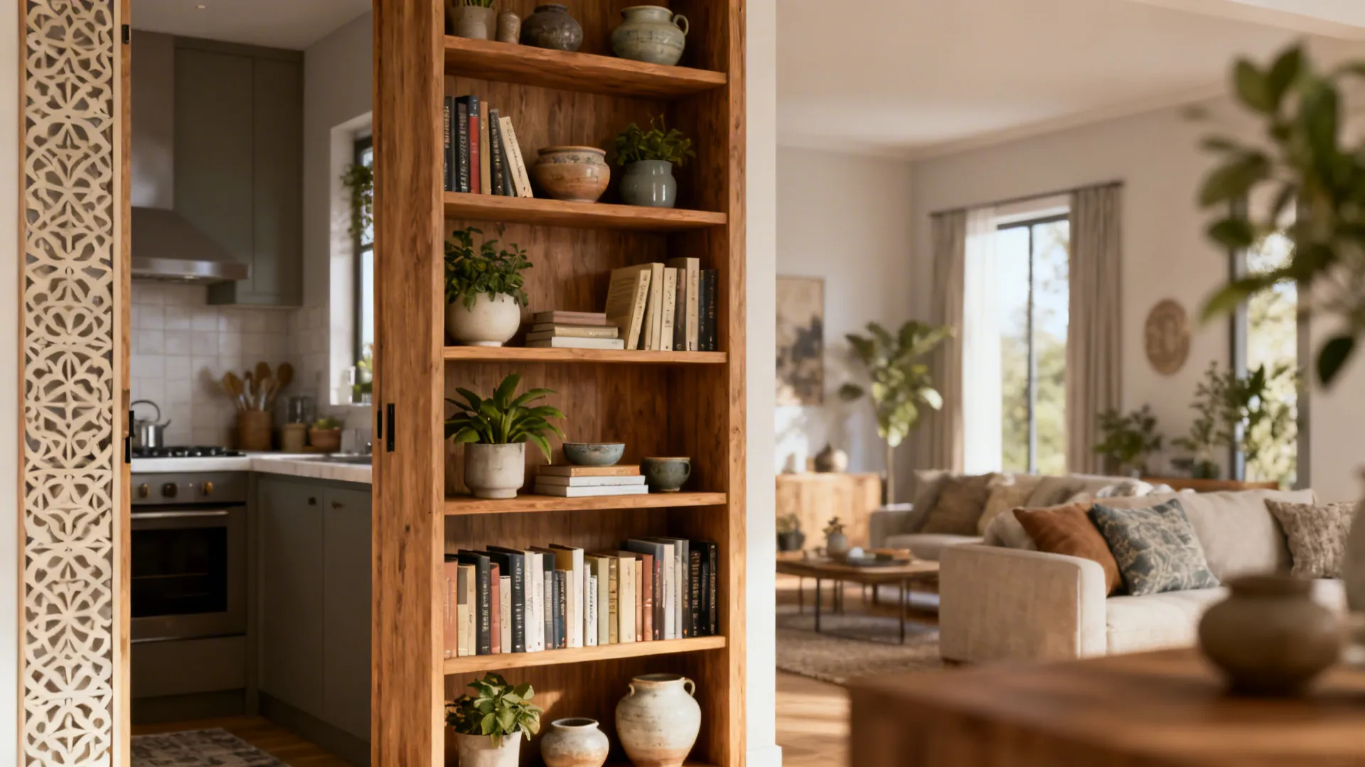 Low open bookcase divider with curated items separating kitchen and living areas