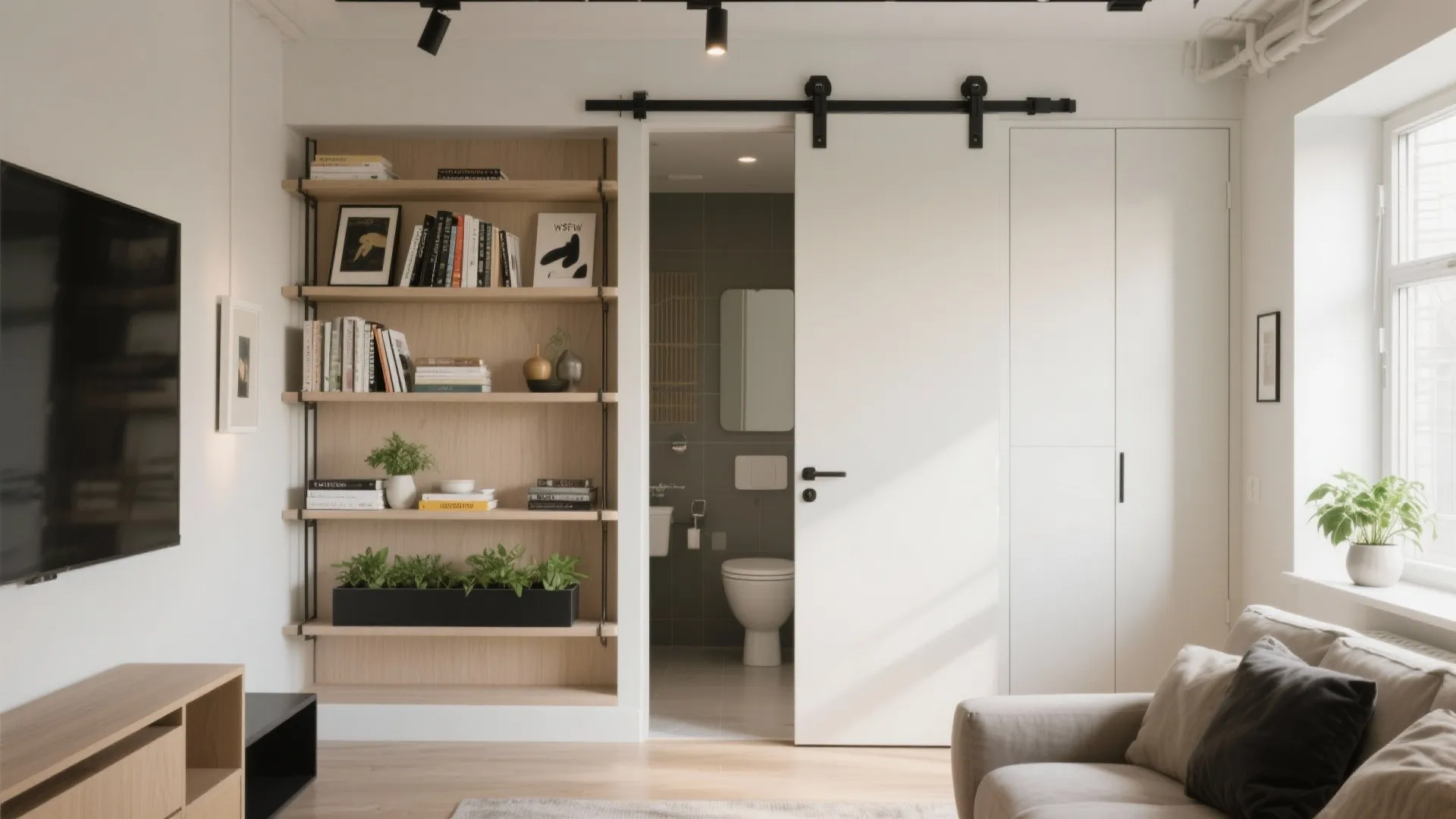 Shallow bookcase door on a pivot conceals a bathroom, with art books and a slim planter.