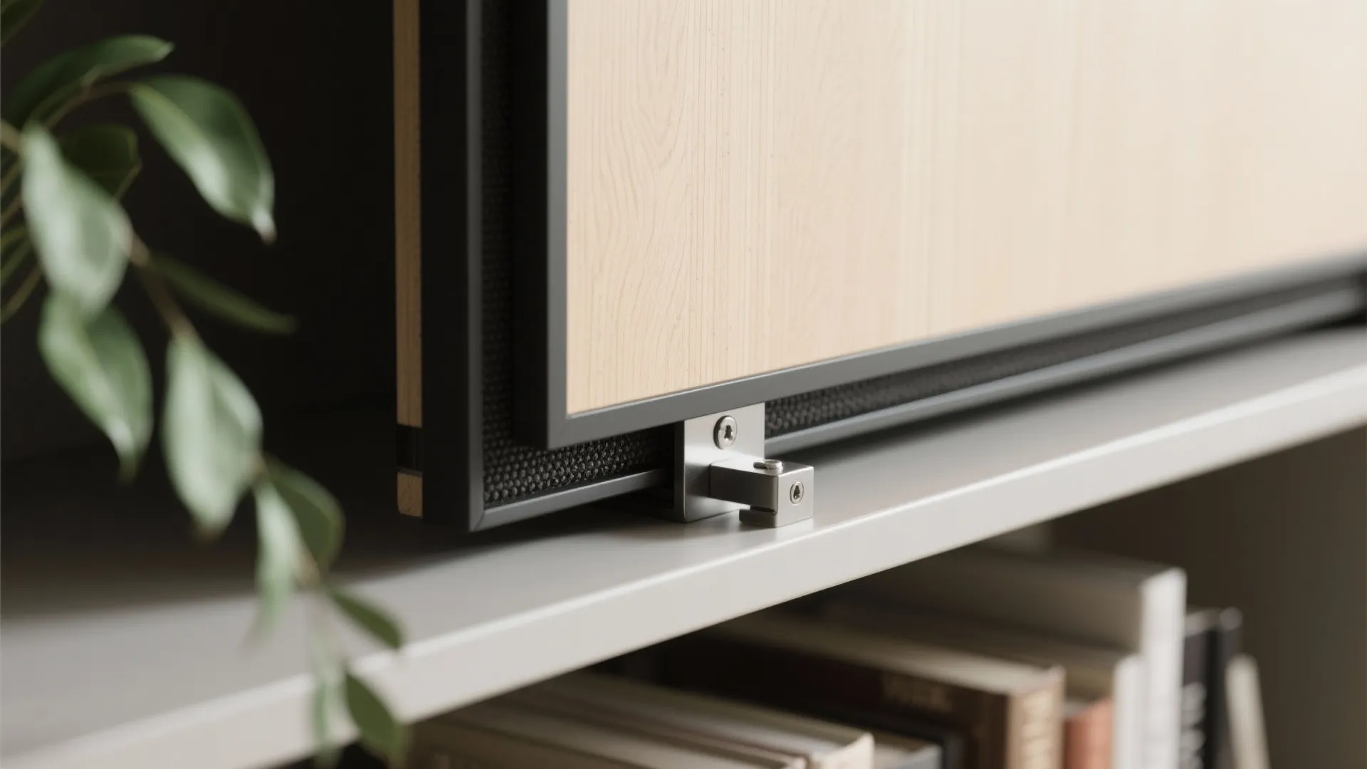Close-up of pivot hardware and gasket on a bookcase door with matte shelves.