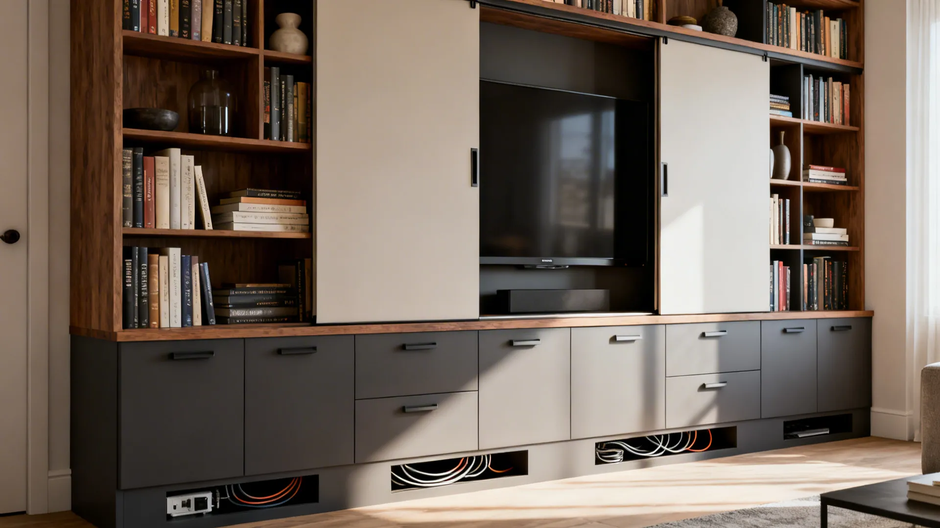 Floor-to-ceiling bookcase with hidden TV and mixed open and closed storage.