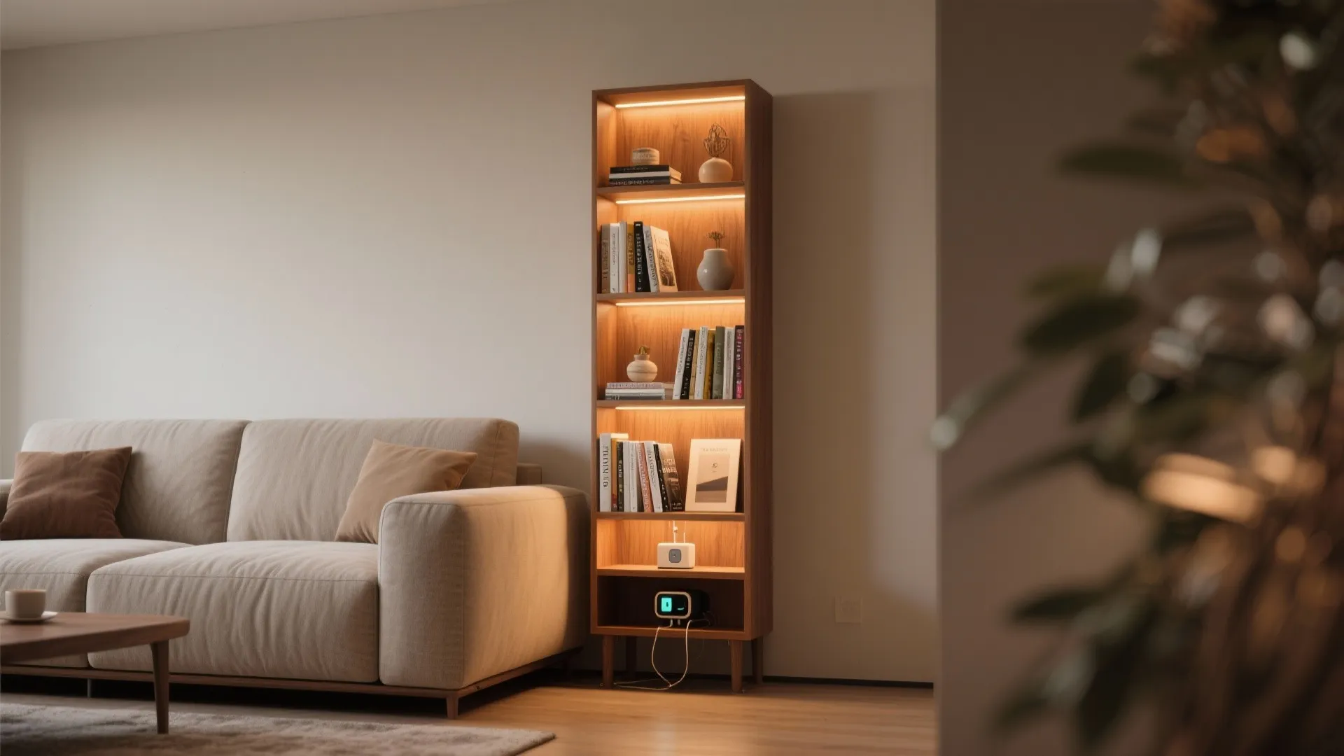 Narrow Bookcase with Integrated Lighting