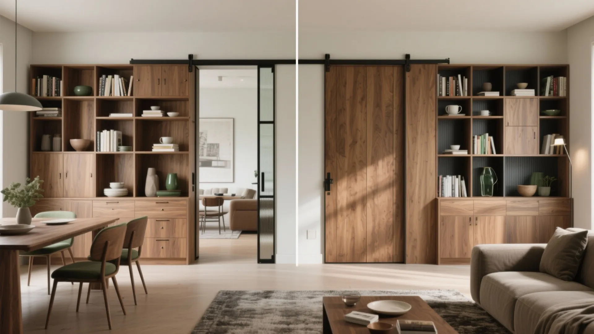 Double-Sided Bookcase + Pocket Doors for Flex Zones