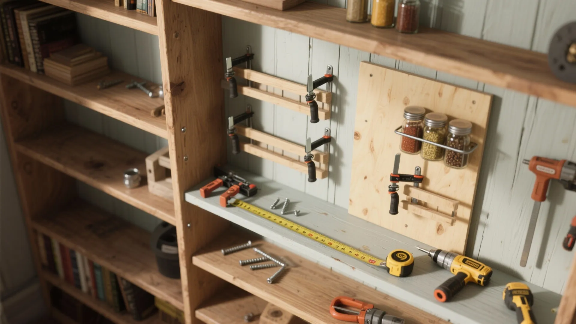 Wooden bookcase repurposed as tool workbench with measuring tape, jars, clamps, and yellow power drill