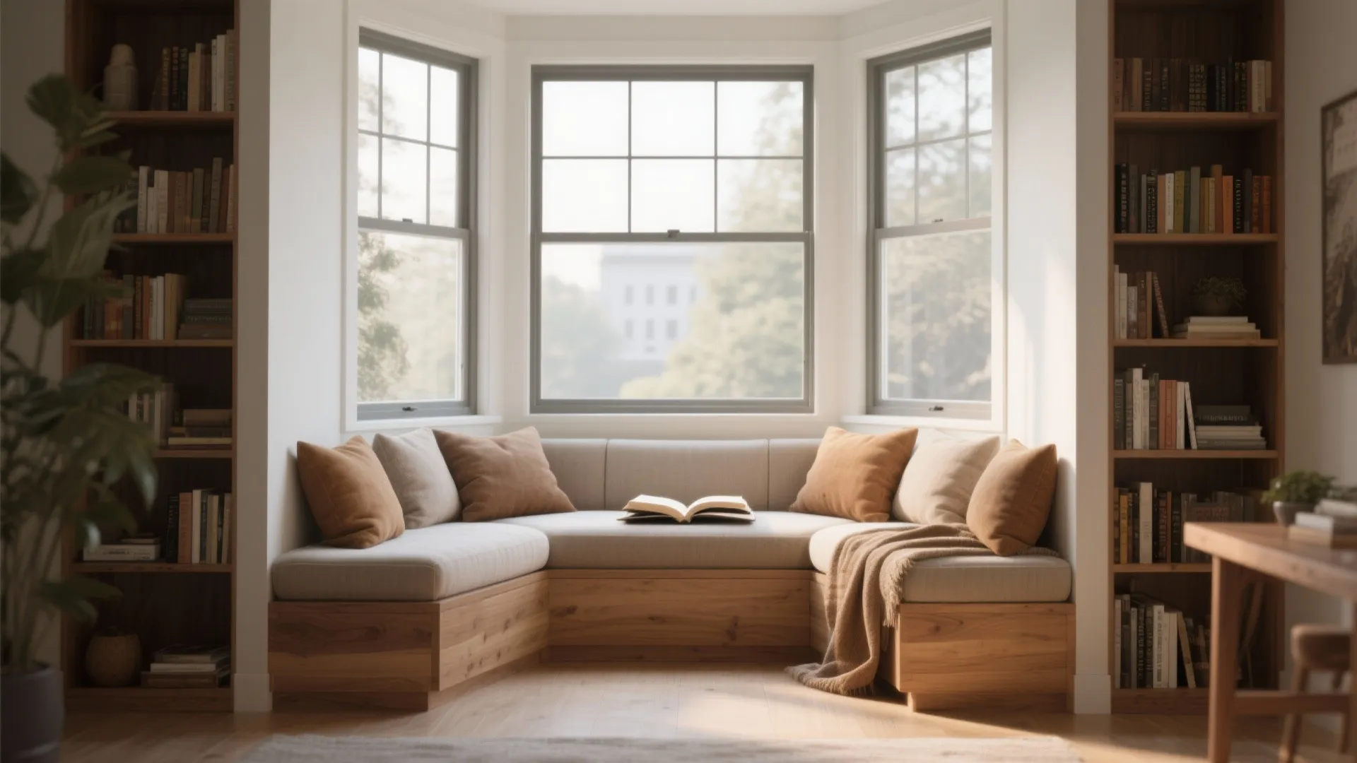 Cozy window seating nook with cushions wood base surrounding bookcases and natural light from windows