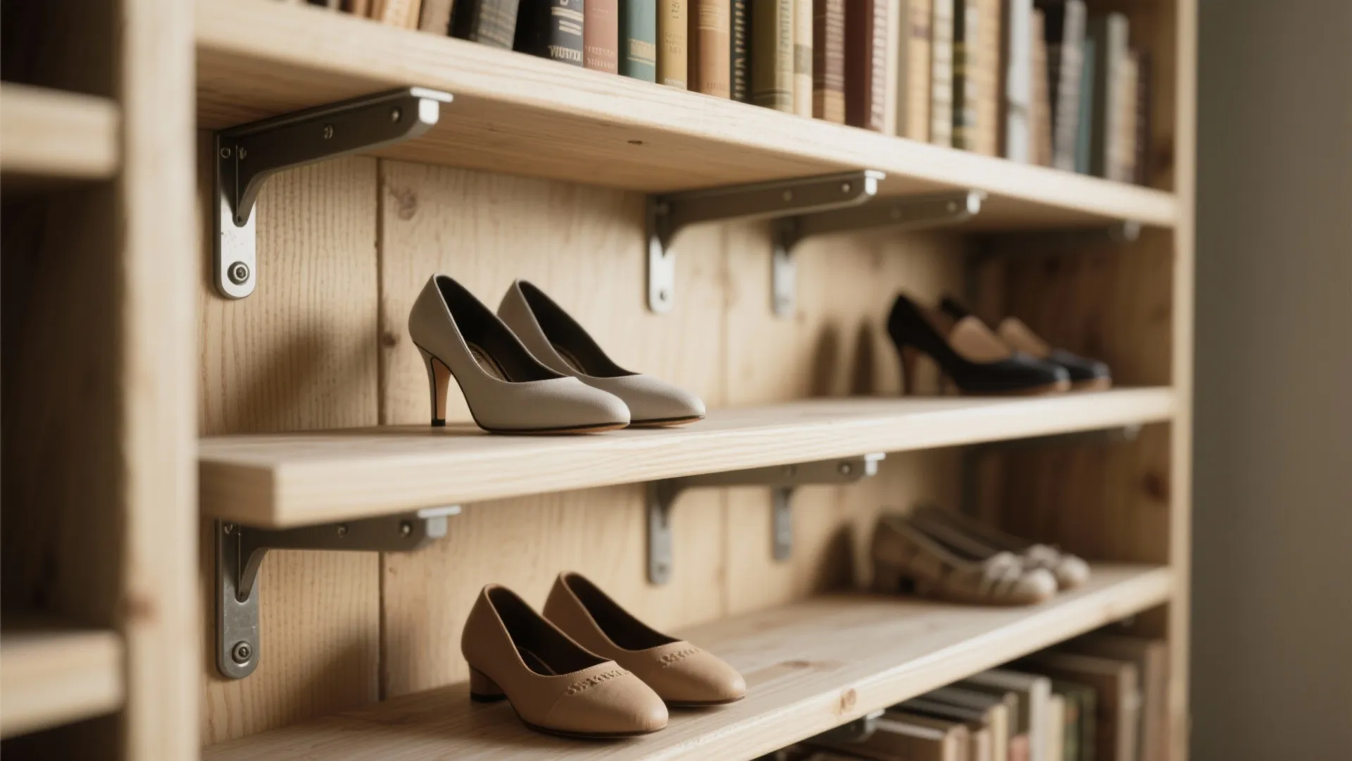 Wooden wall shelves used as shoe storage holding several pairs of high heels and books