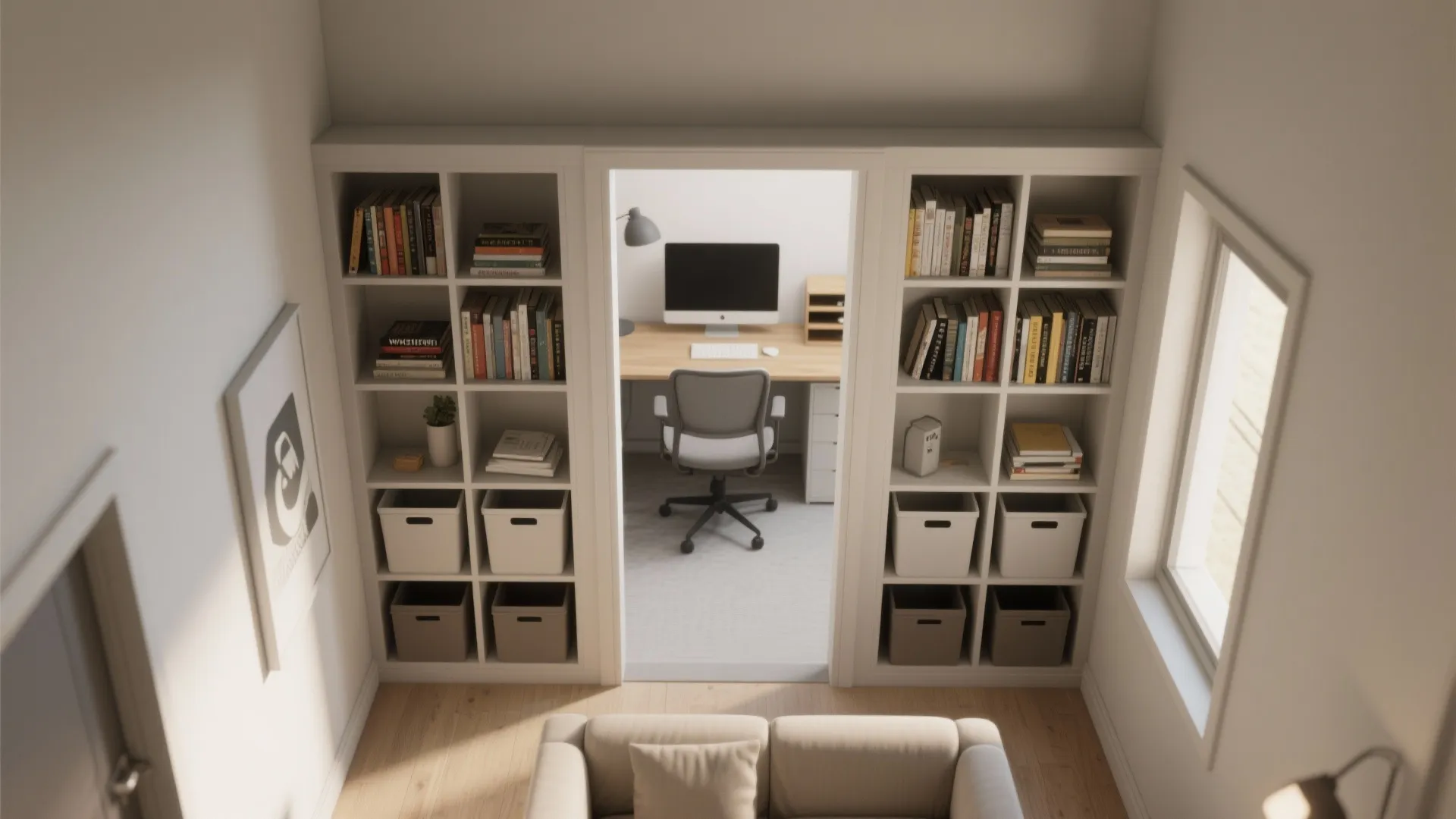 Open Bookcase Divider with Double Duty Storage