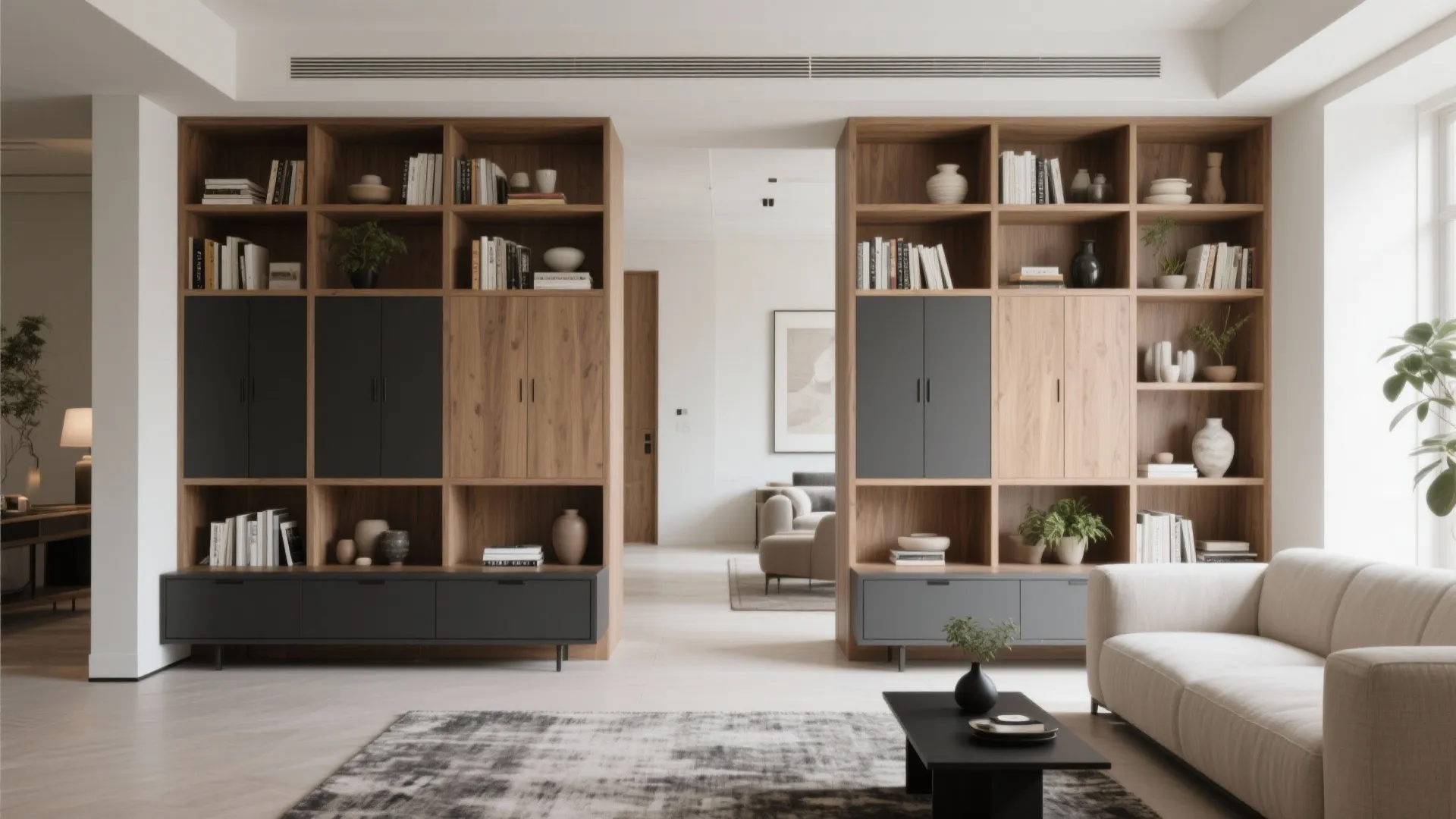 2. Storage-as-partition (bookcase or console walls)