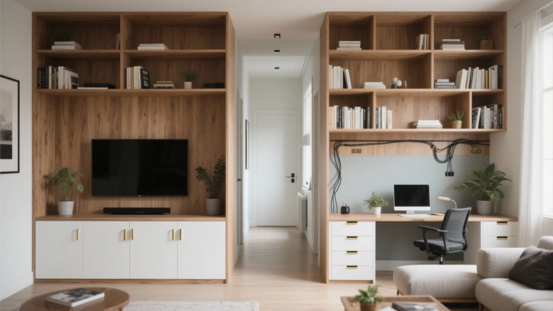 Double-sided bookcase partition creating TV nook and workspace with a clear 36 inch walkway.
