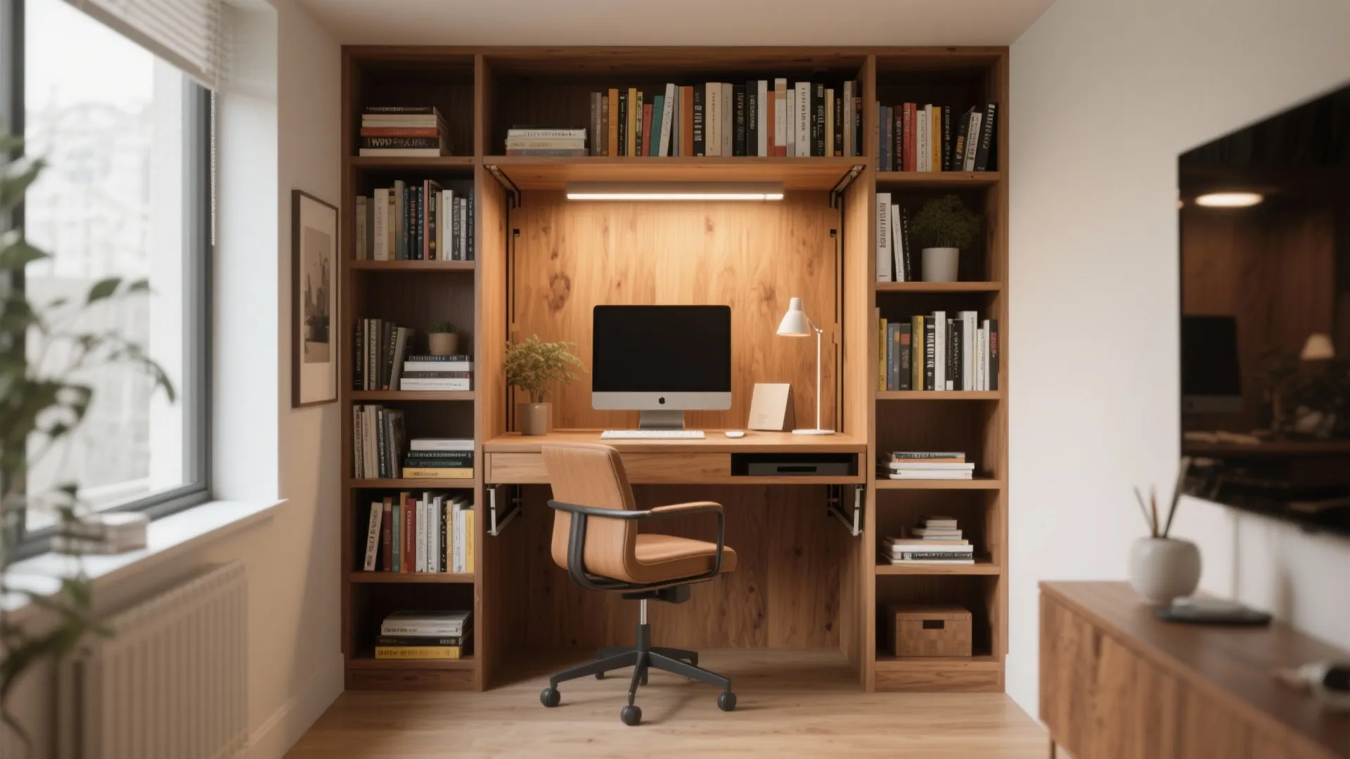 Built-in wooden home office workstation with computer desk, leather chair, books, and integrated warm lighting